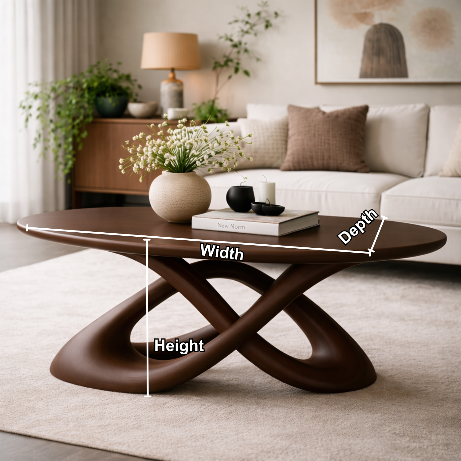 Solid Wood Sculptural Coffee Table with Curved Base