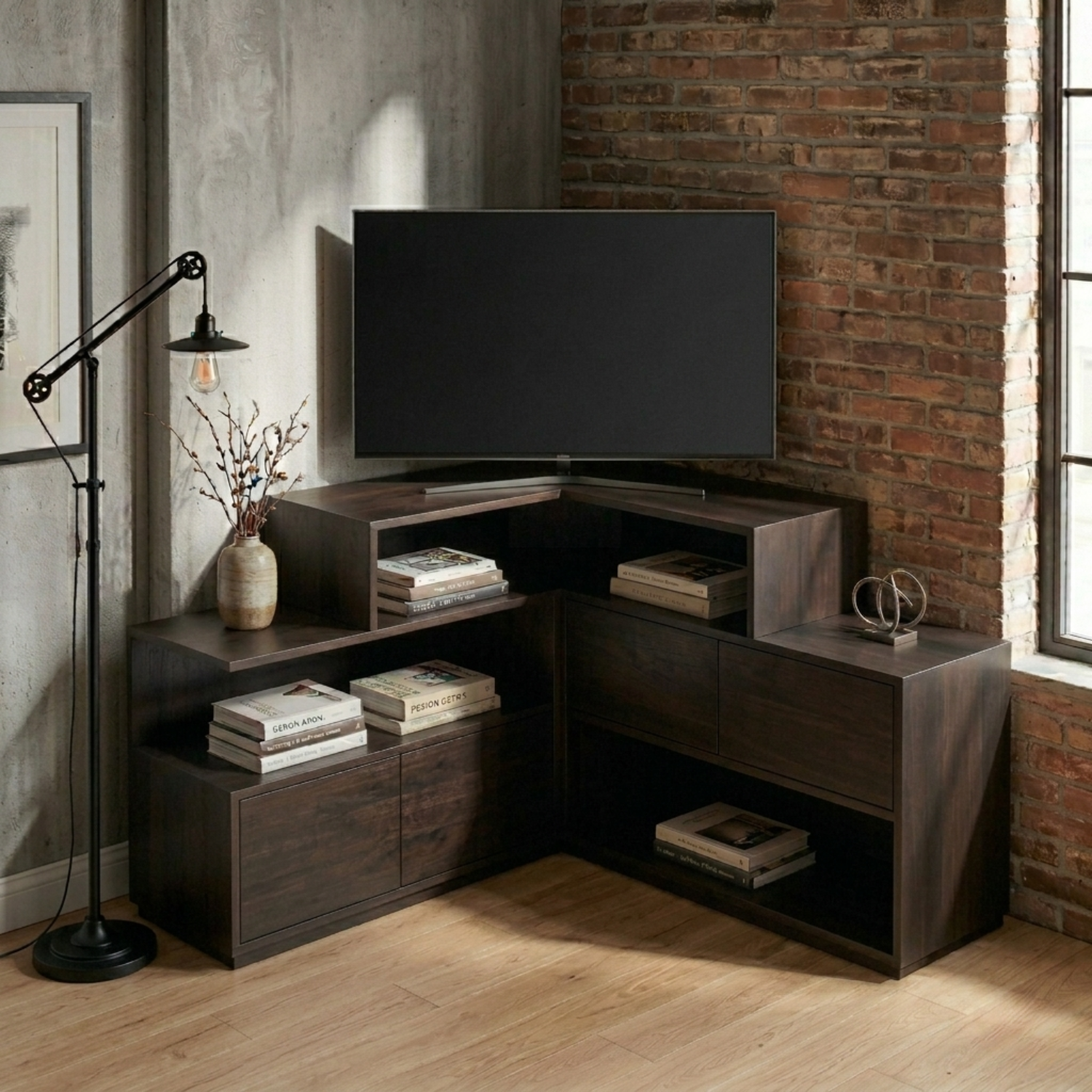 Solid Wood Corner TV Stand with Tiered Shelves and Storage Cabinets