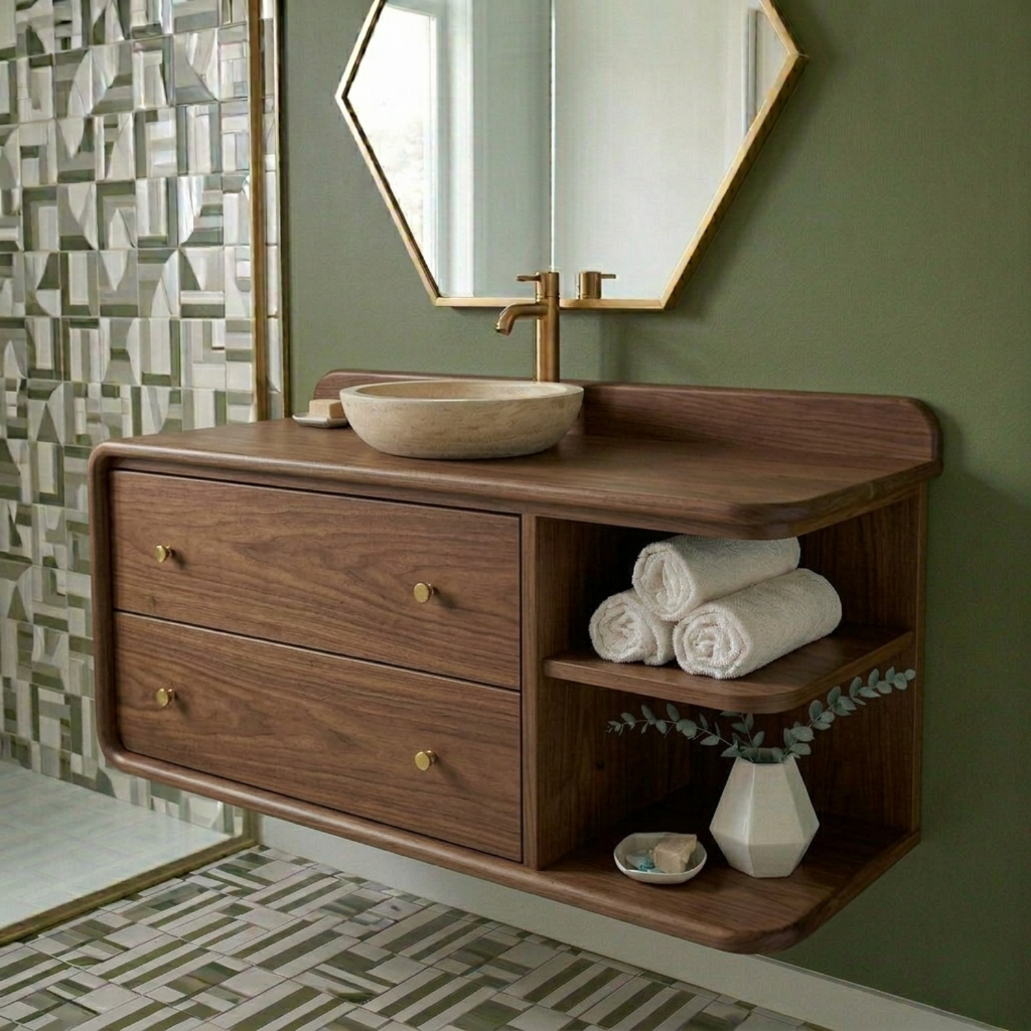 Floating Solid Wood Bathroom Vanity with Rounded Edges, Side Open Shelf and Double Drawers