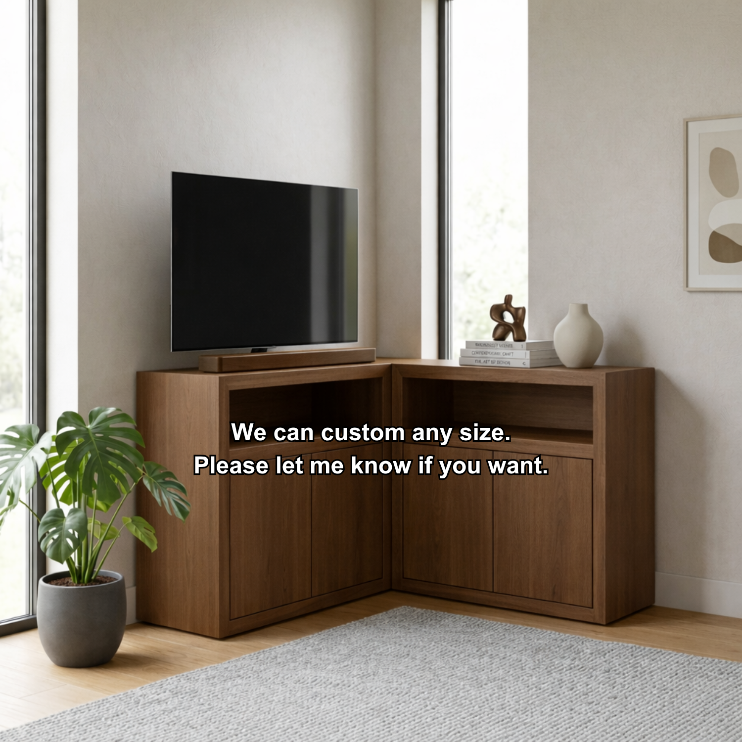 Solid Wood Corner TV Stand with Cabinet Storage and Open Media Shelf
