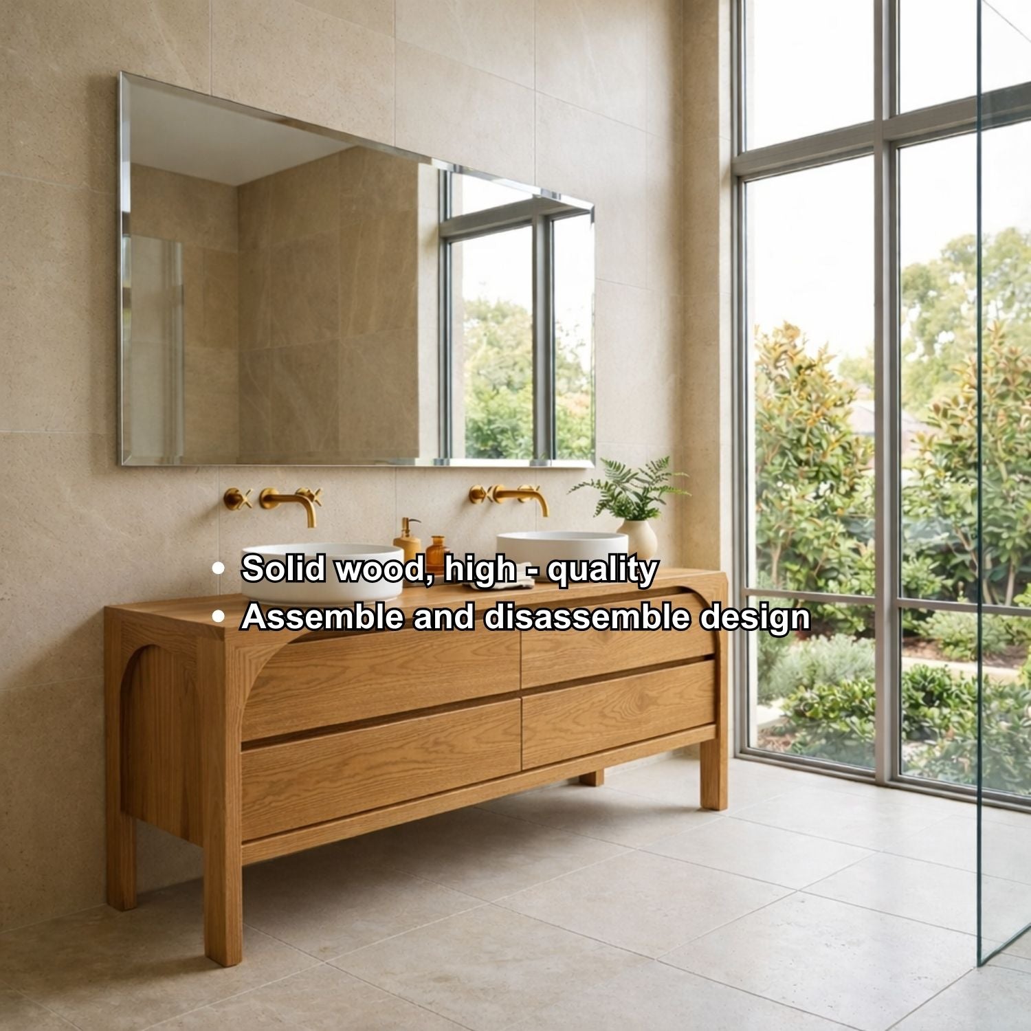 Solid Wood Modern Double Sink Bathroom Vanity with Curved Edge Frame & 4 Drawers