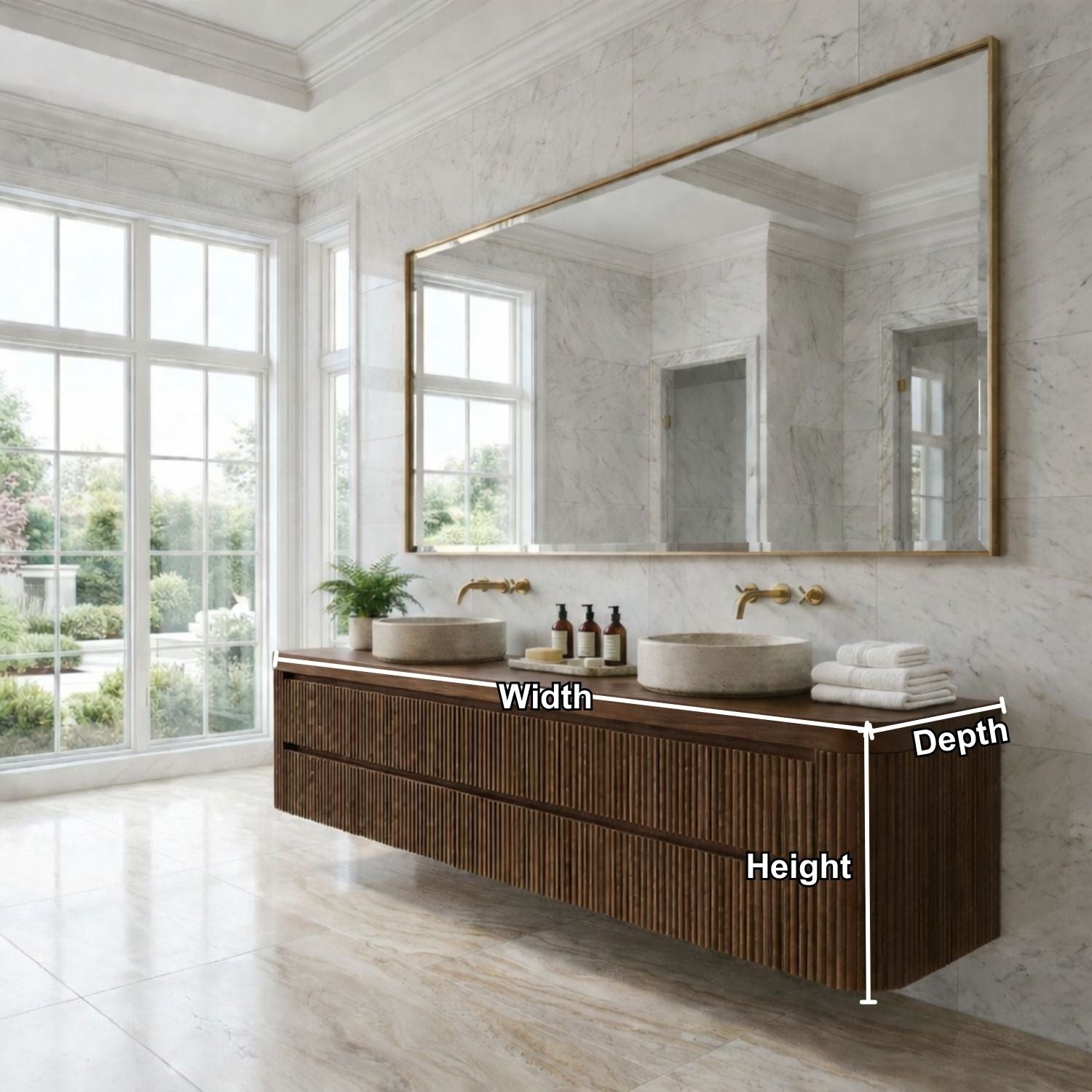 Floating Double Sink Bathroom Vanity with Fluted Front Drawers – Modern Solid Wood