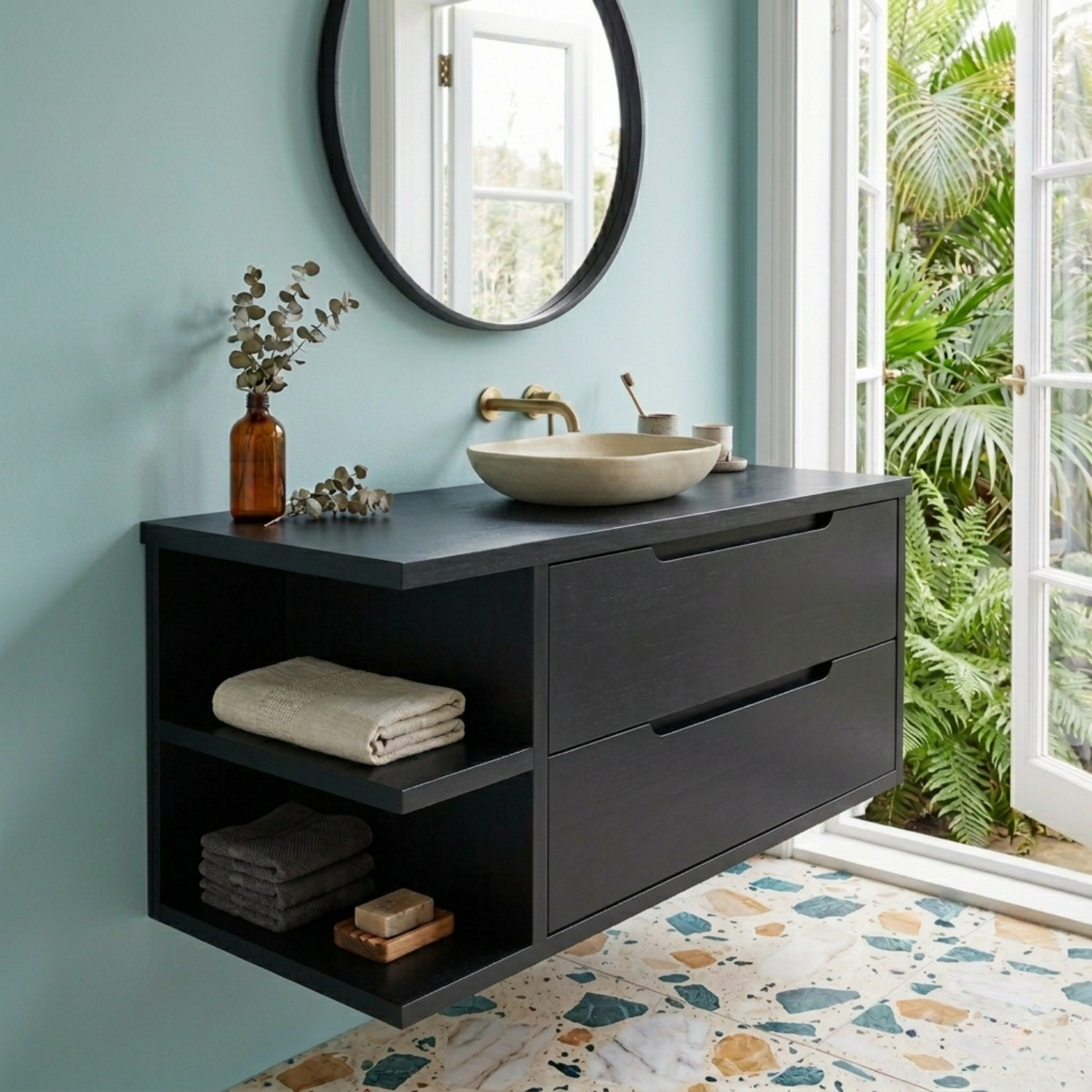 Floating Solid Wood Bathroom Vanity with Side Open Shelves and Double Drawers