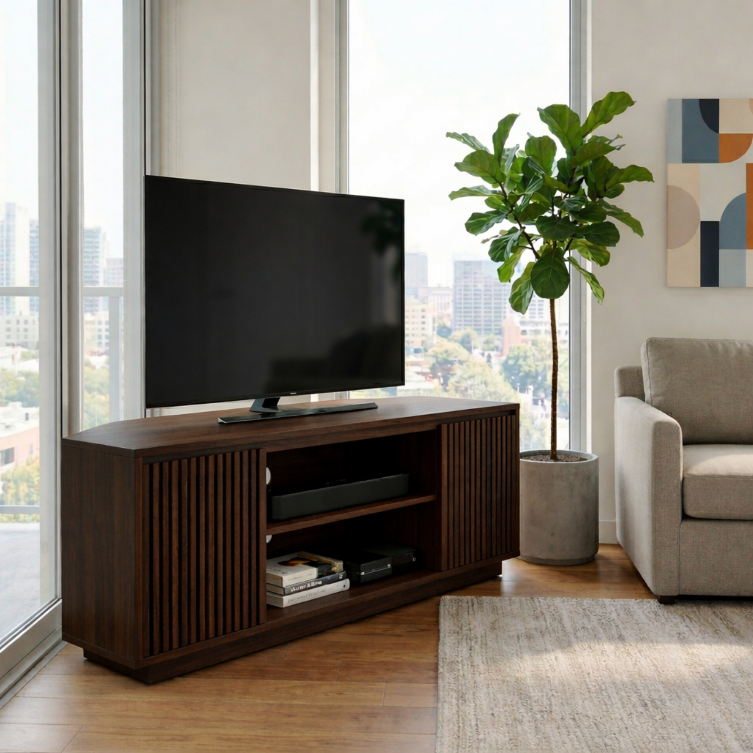Solid Wood Corner TV Stand with Slatted Doors and Open Media Shelf