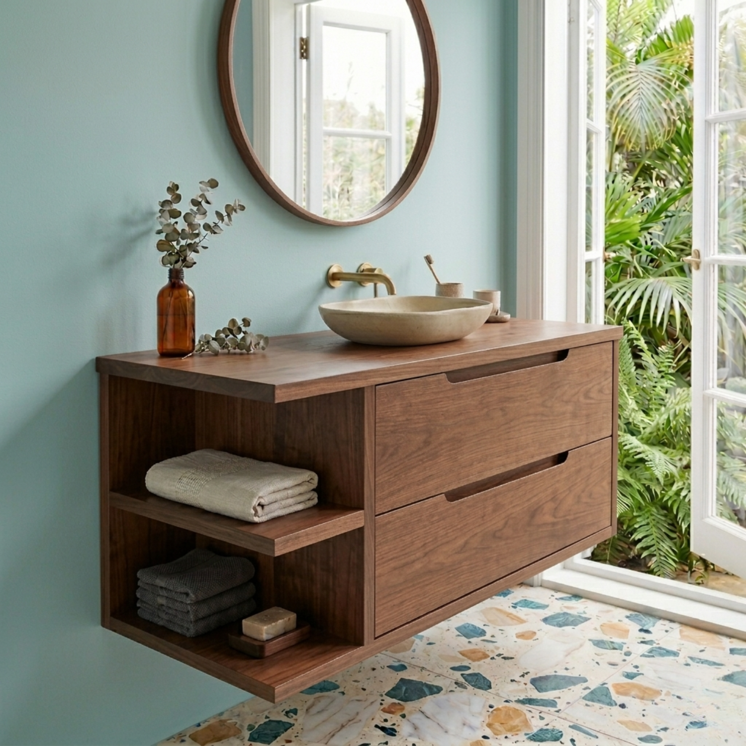 Floating Solid Wood Bathroom Vanity with Side Open Shelves and Double Drawers