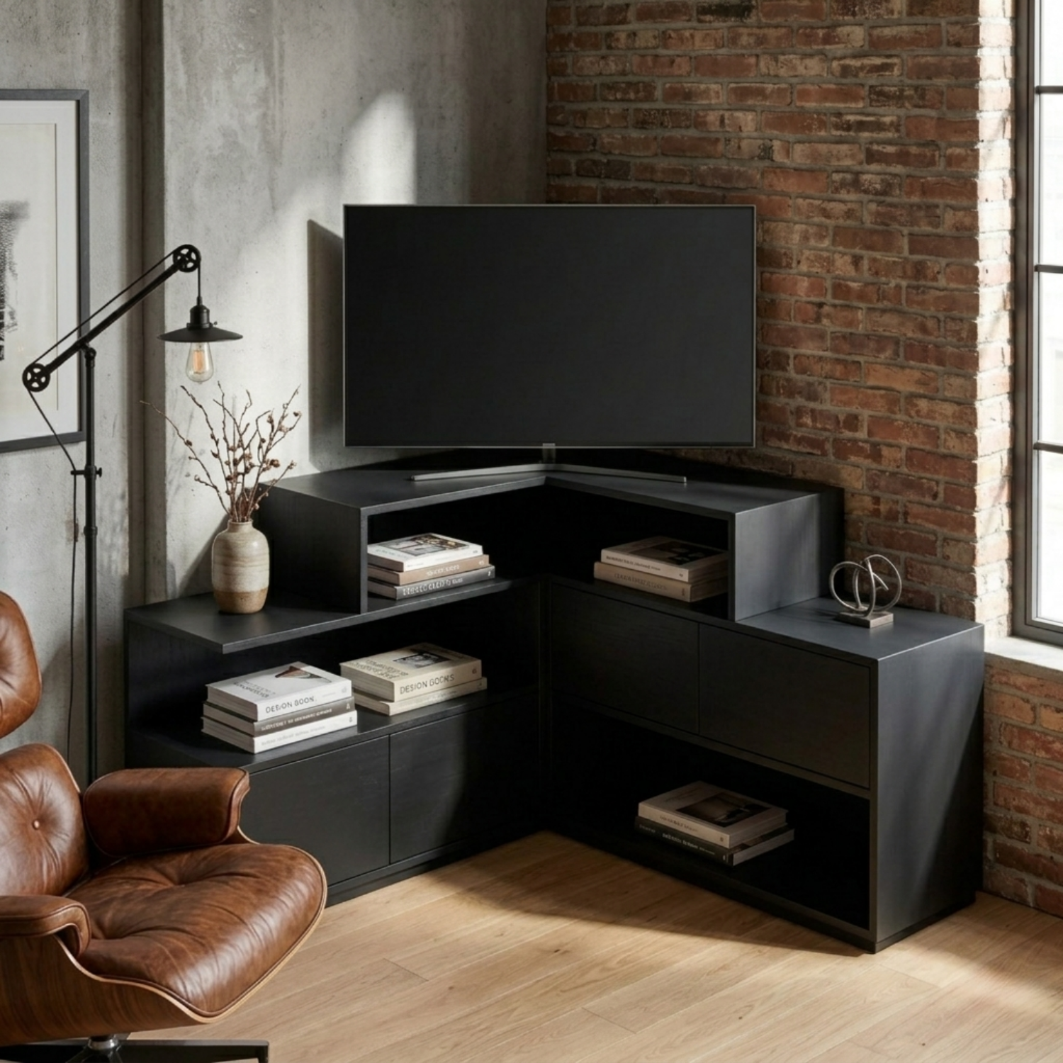 Solid Wood Corner TV Stand with Tiered Shelves and Storage Cabinets