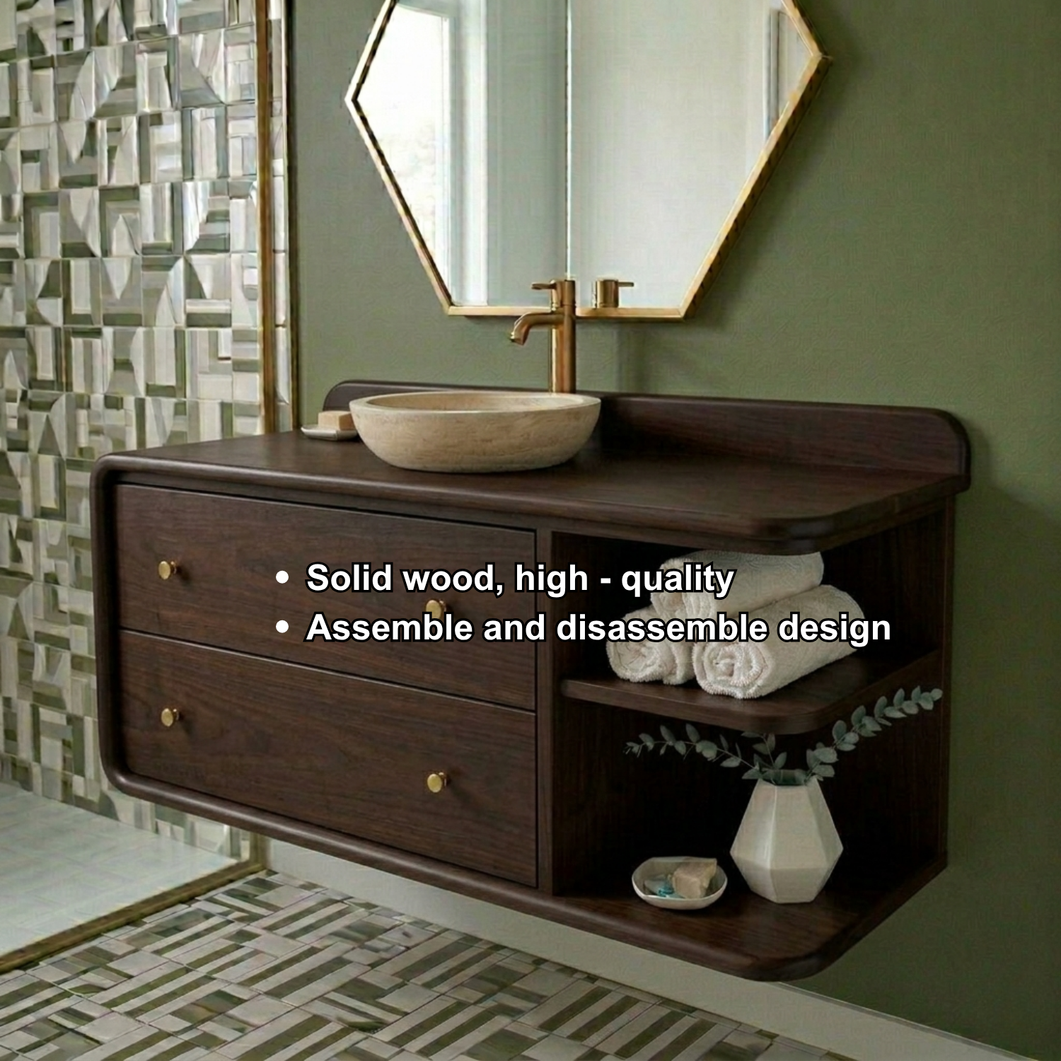 Floating Solid Wood Bathroom Vanity with Rounded Edges, Side Open Shelf and Double Drawers