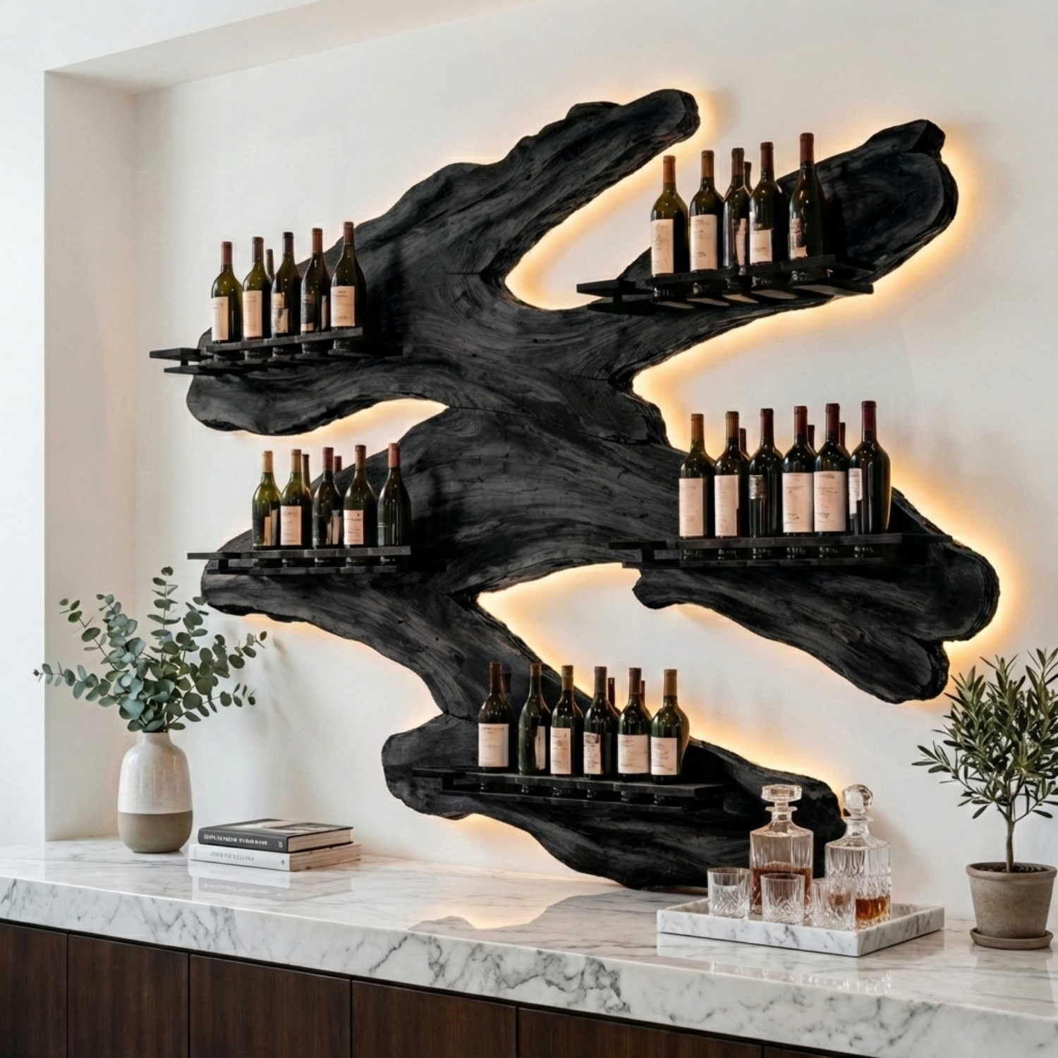 Handcrafted Solid Wood Wall Wine Holder – Live Edge Sculptural Wine Rack