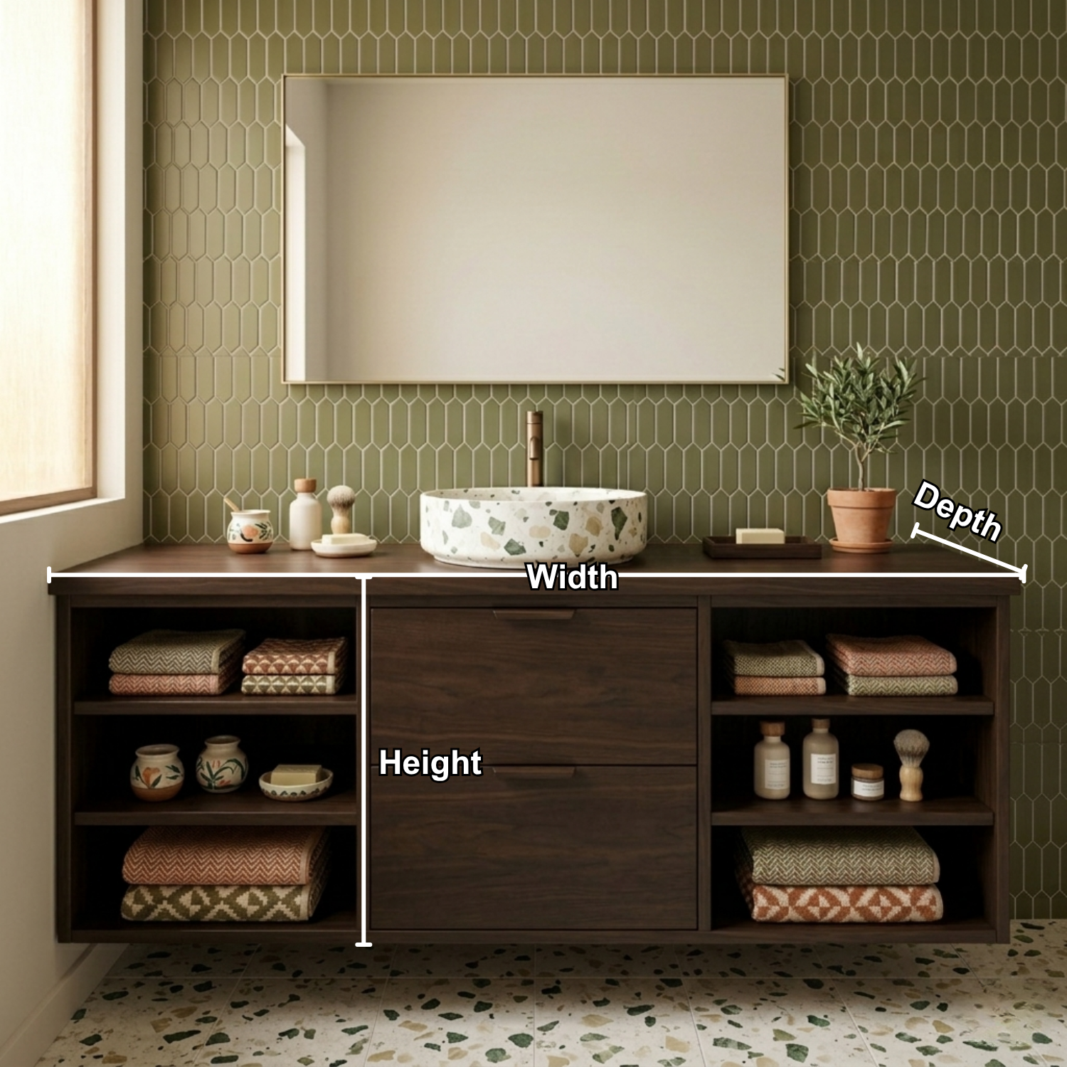 Floating Solid Wood Bathroom Vanity with Open Shelves and Double Drawers