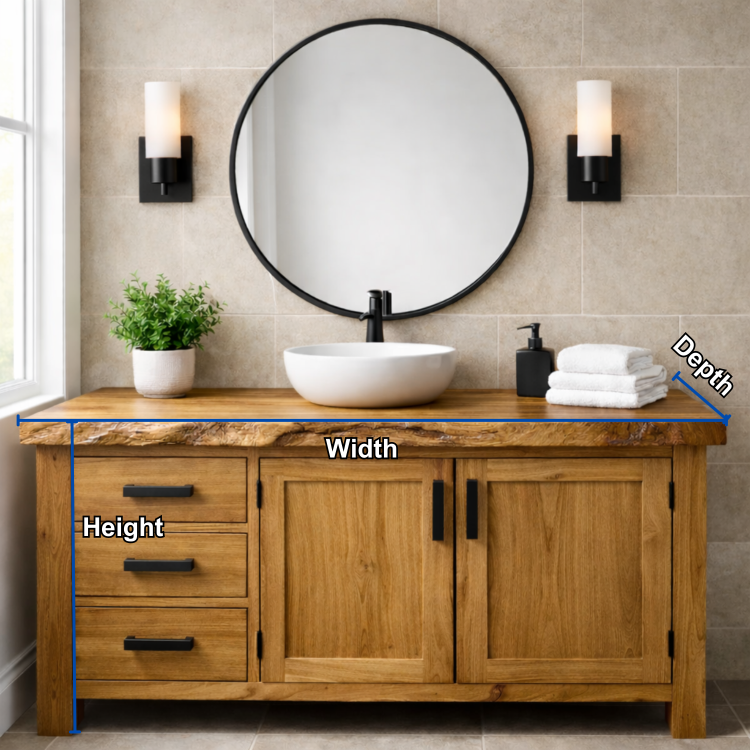 Live Edge Solid Wood Bathroom Vanity with 3 Drawers and Double Door Cabinet
