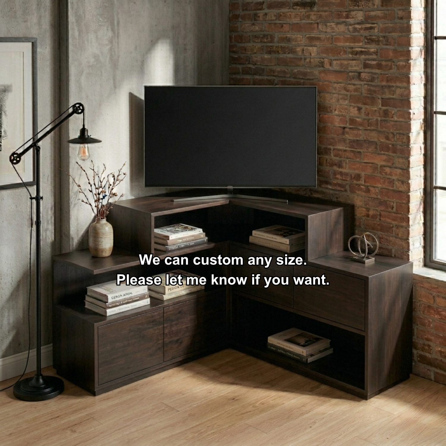 Solid Wood Corner TV Stand with Tiered Shelves and Storage Cabinets