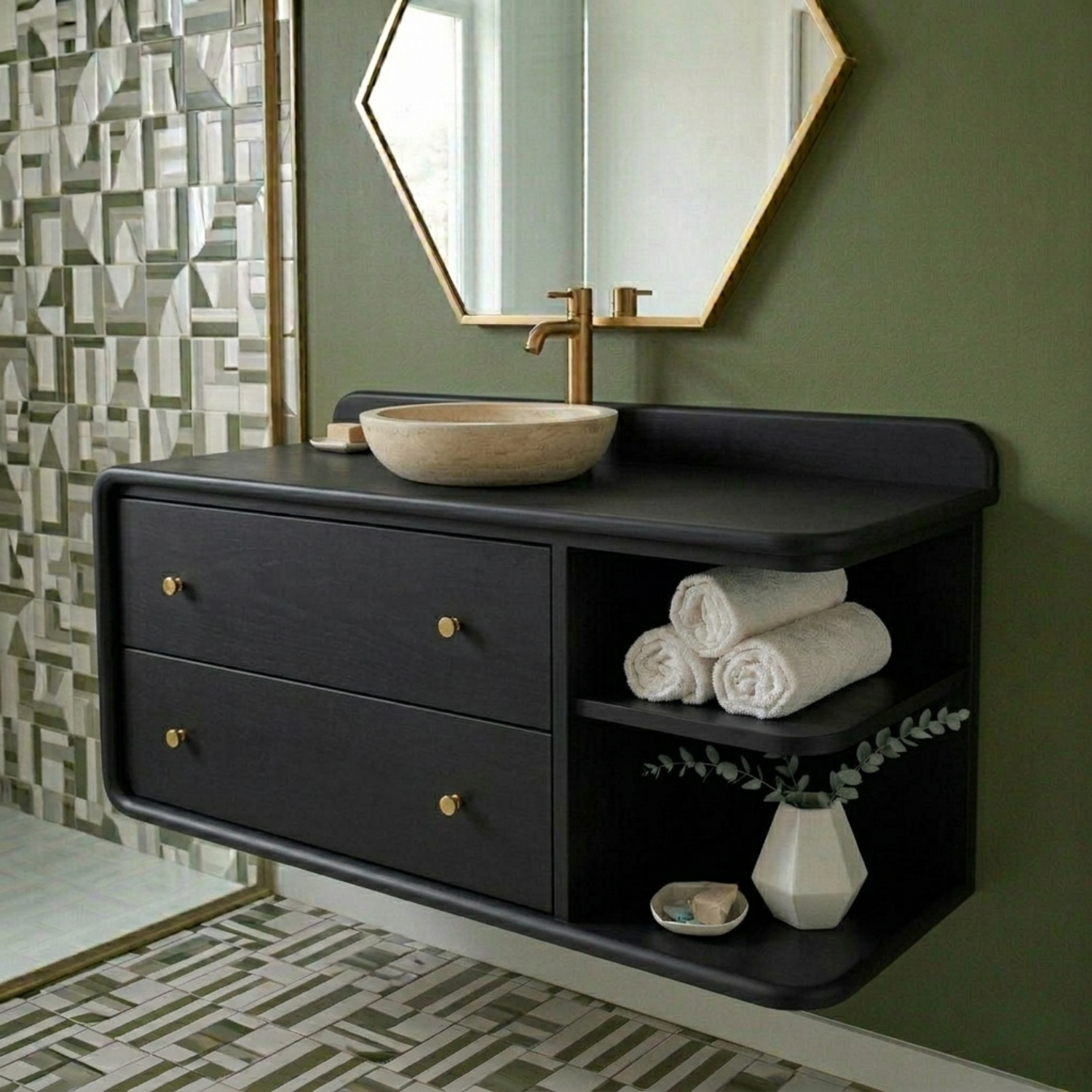 Floating Solid Wood Bathroom Vanity with Rounded Edges, Side Open Shelf and Double Drawers