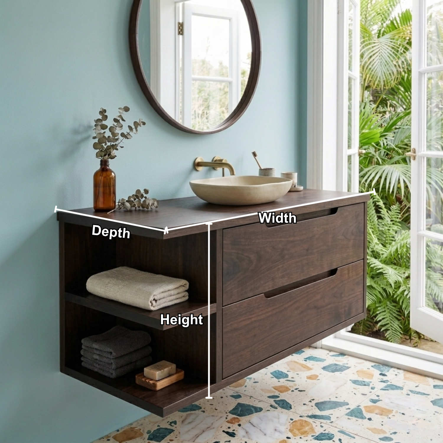 Floating Solid Wood Bathroom Vanity with Side Open Shelves and Double Drawers