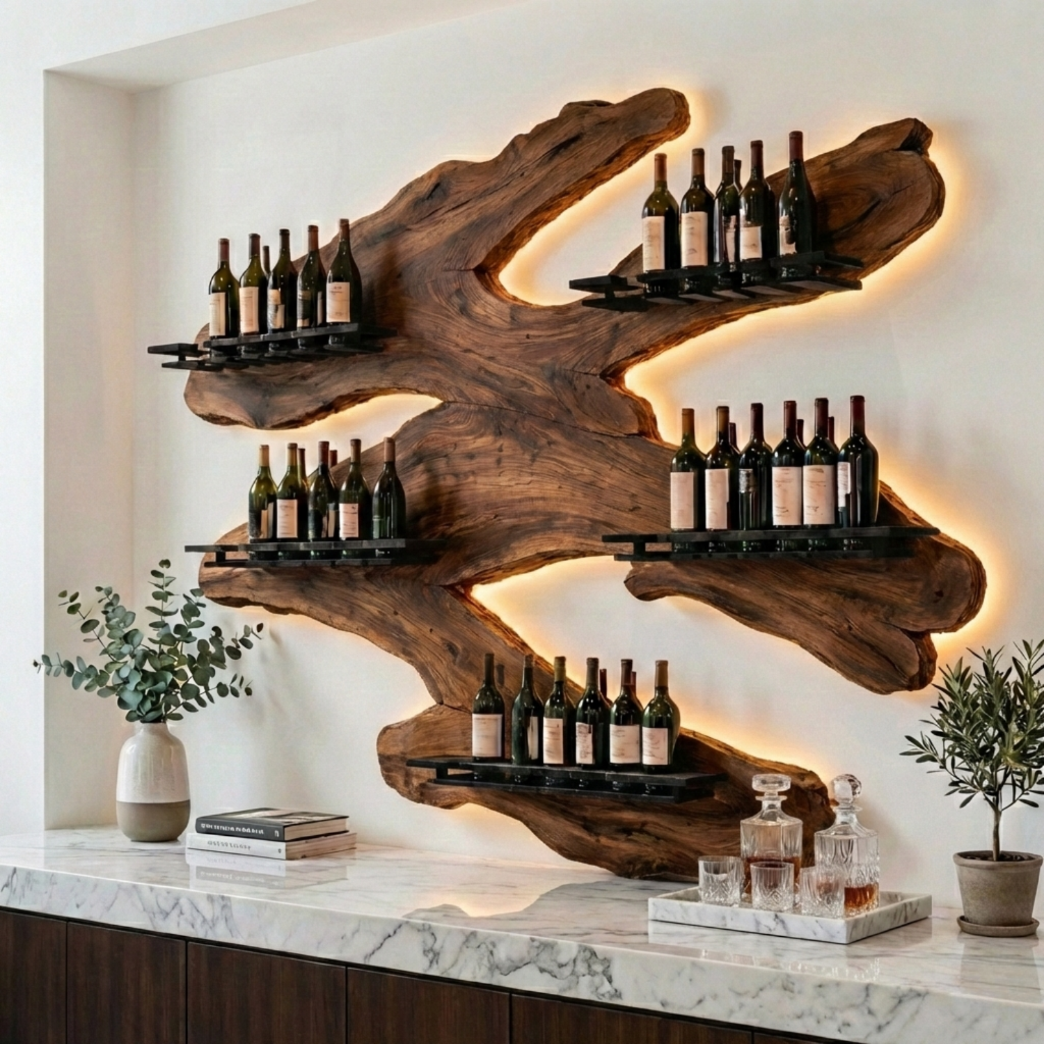 Handcrafted Solid Wood Wall Wine Holder – Live Edge Sculptural Wine Rack