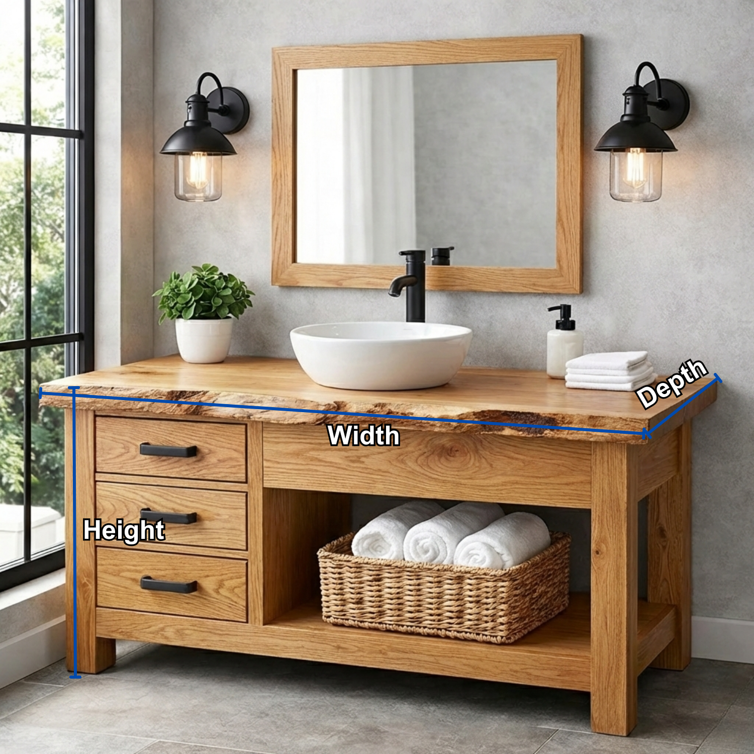 Solid Wood Bathroom Vanity with 3 Drawers and Open Shelf Storage