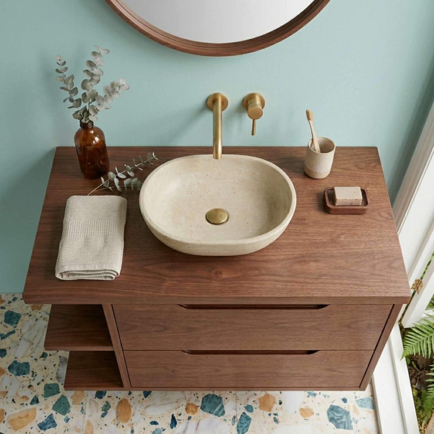 Floating Solid Wood Bathroom Vanity with Side Open Shelves and Double Drawers