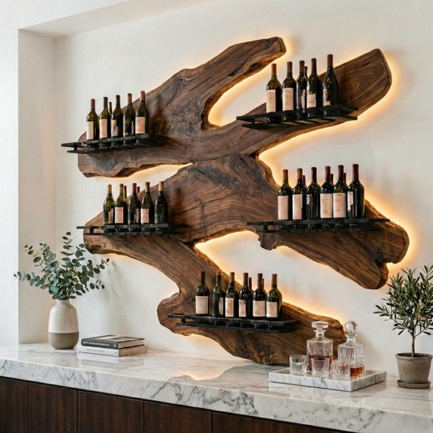 Handcrafted Solid Wood Wall Wine Holder – Live Edge Sculptural Wine Rack