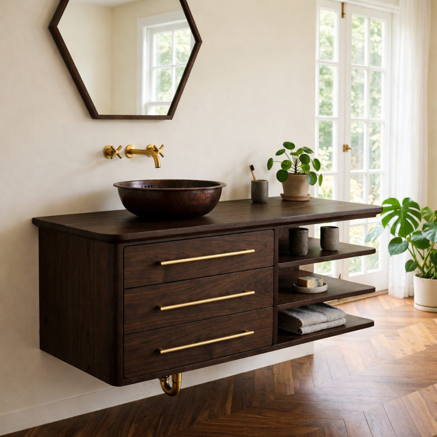 Floating Solid Wood Bathroom Vanity with Three Drawers and Side Open Shelving