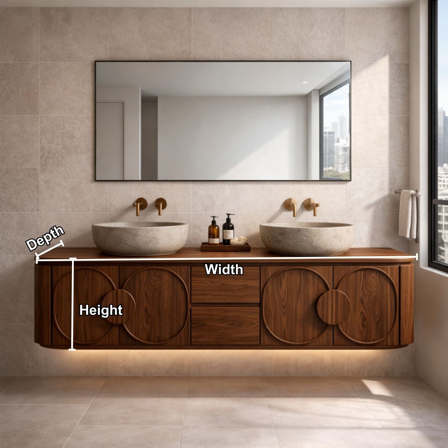 Floating Bathroom Vanity with Circular Panel Doors and Center Drawer Storage