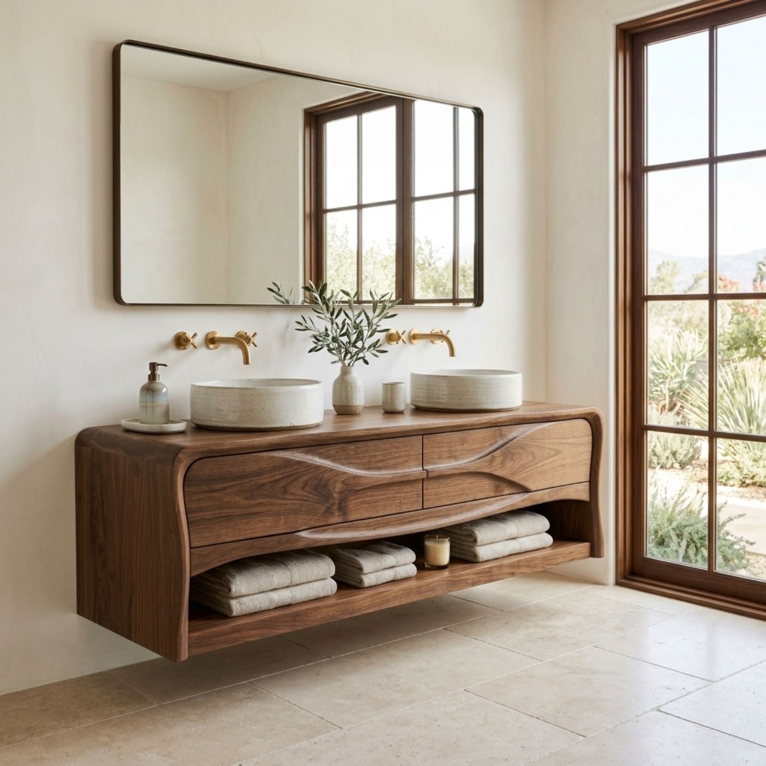Handcrafted Wave Design Floating Vanity - Solid Wood Sculptural Mid-Century Bathroom Cabinet