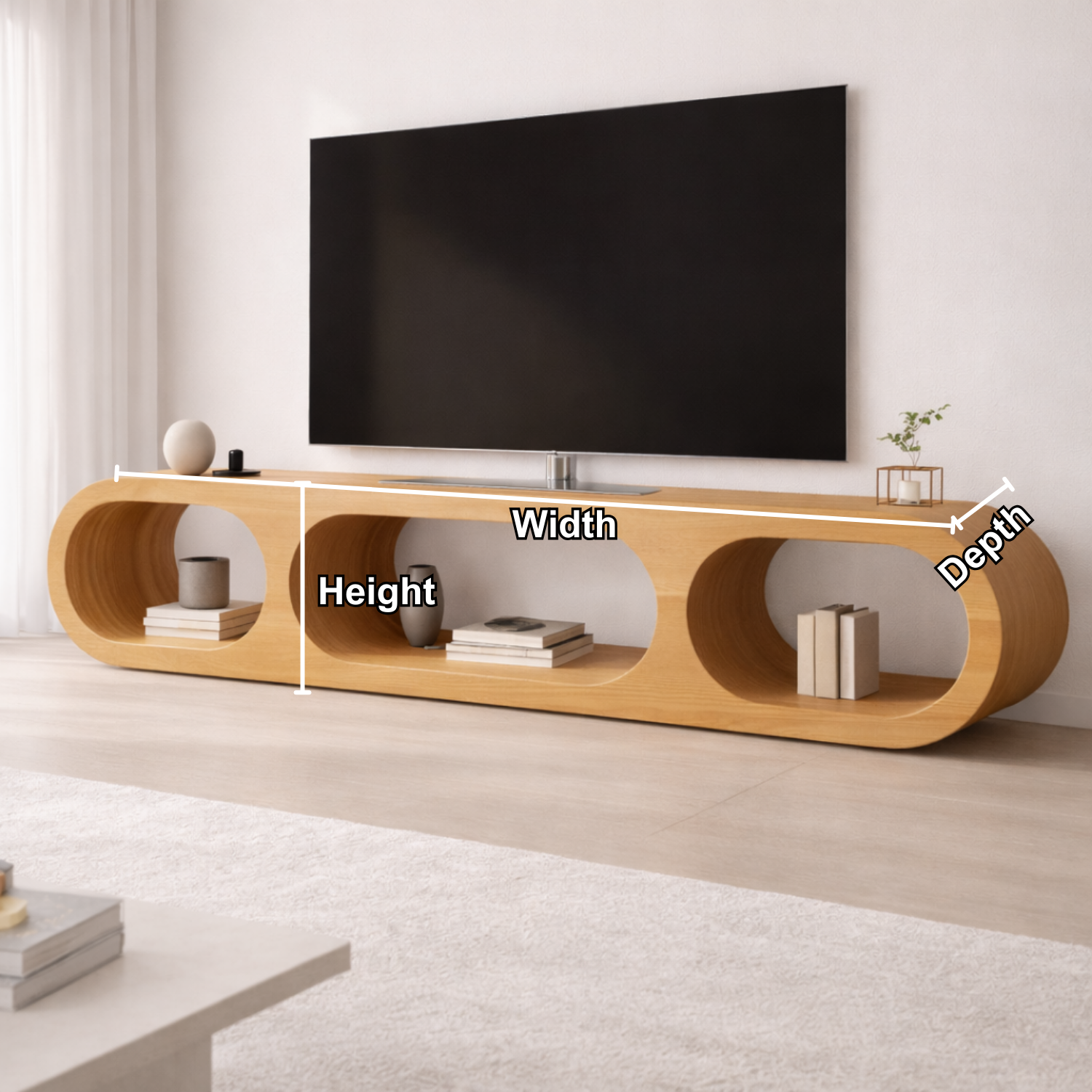 Modern Solid Wood TV Stand with Oval Open Storage and Sleek Design