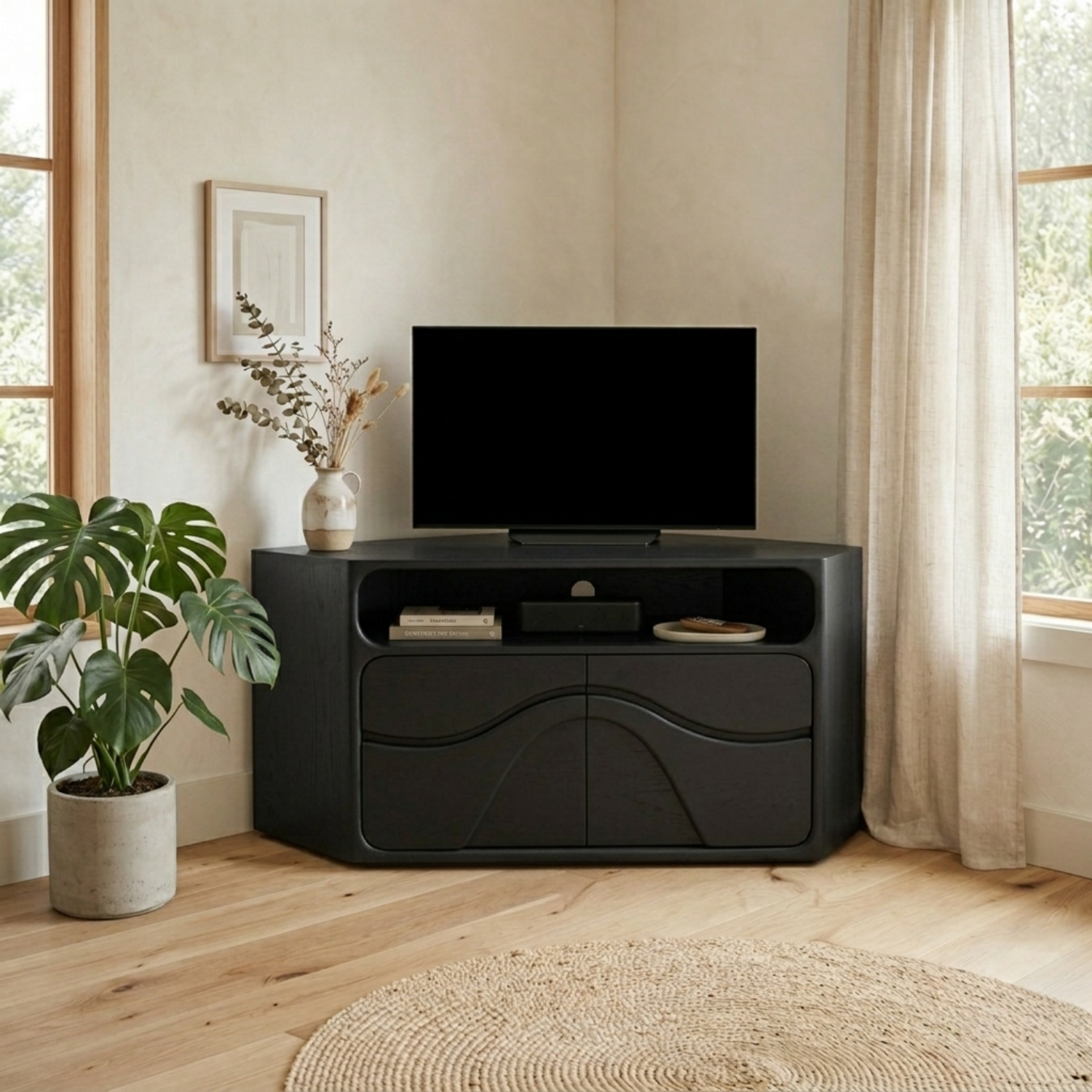 Solid Wood Corner TV Stand with Curved Cabinet Doors and Open Shelf Media Storage