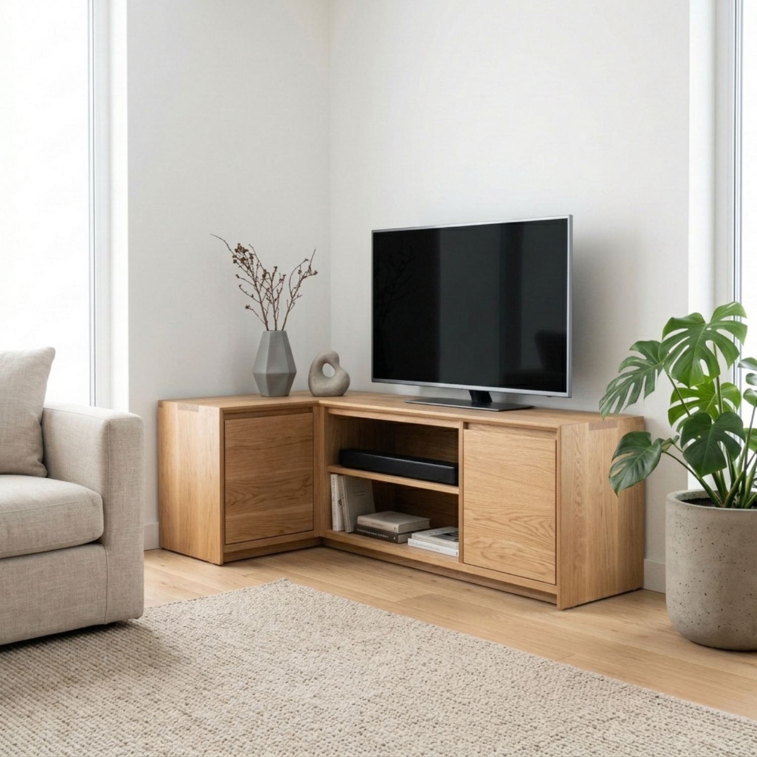 Solid Wood Corner TV Stand with Cabinet Storage and Open Media Shelves