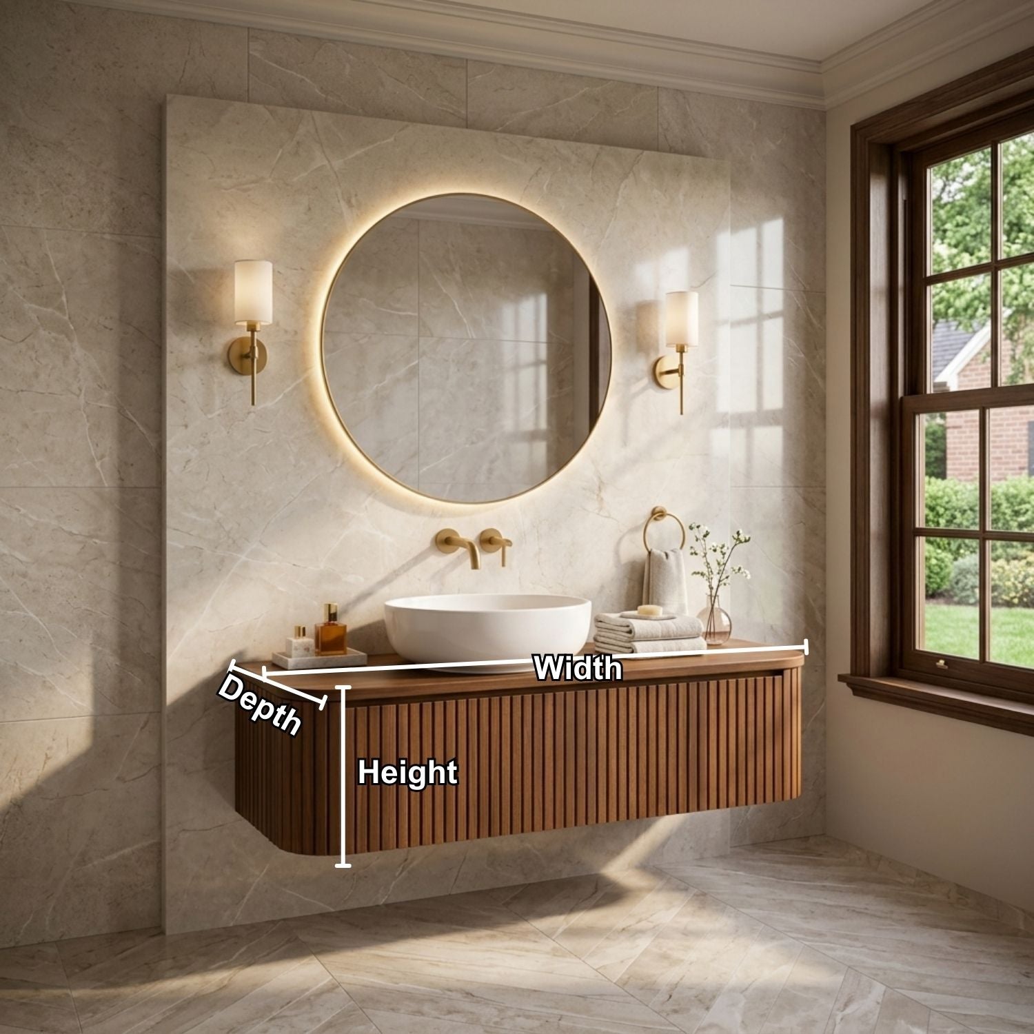 Floating Bathroom Vanity with Fluted Wood Panels and Rounded Edge Design