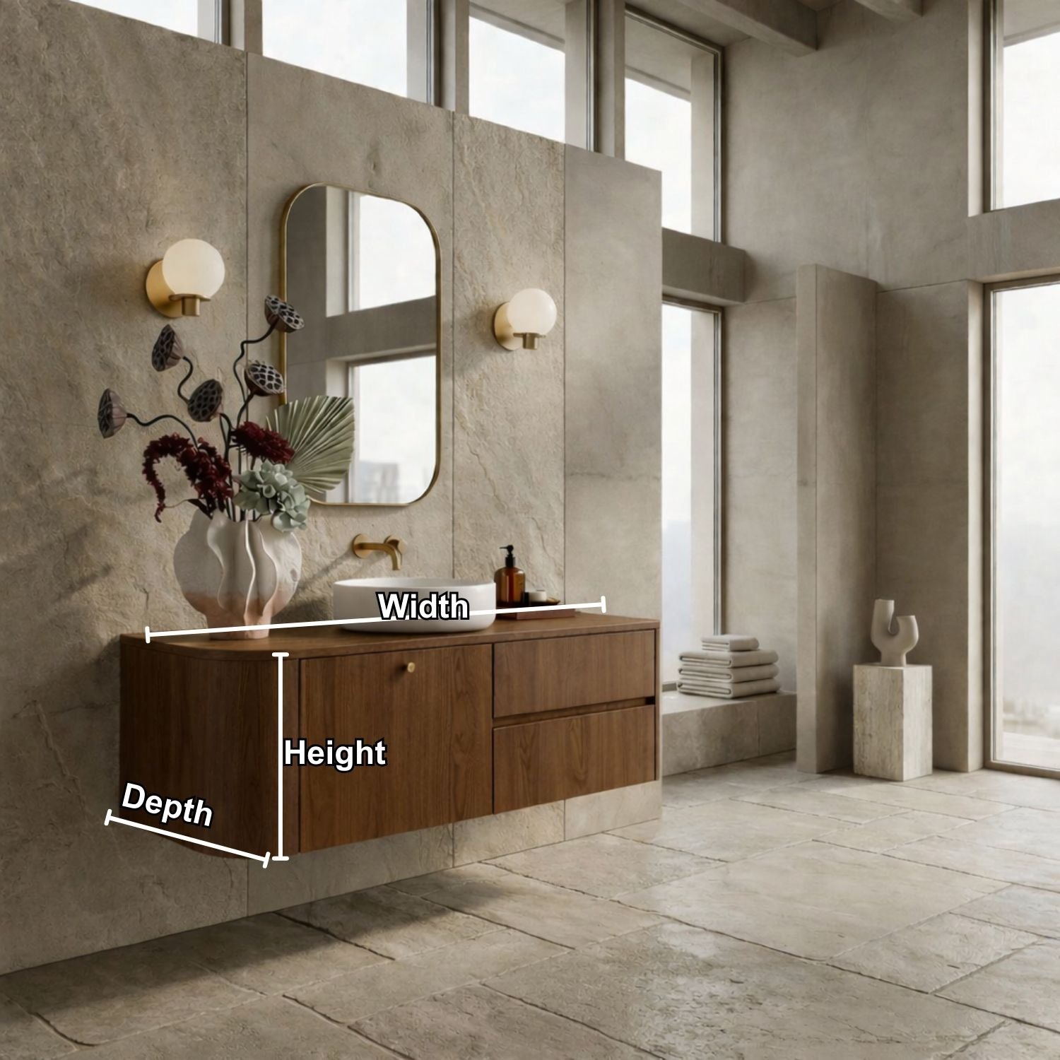 Floating Bathroom Vanity with Curved Edges and Spacious Drawers – Handcrafted Solid Wood Design