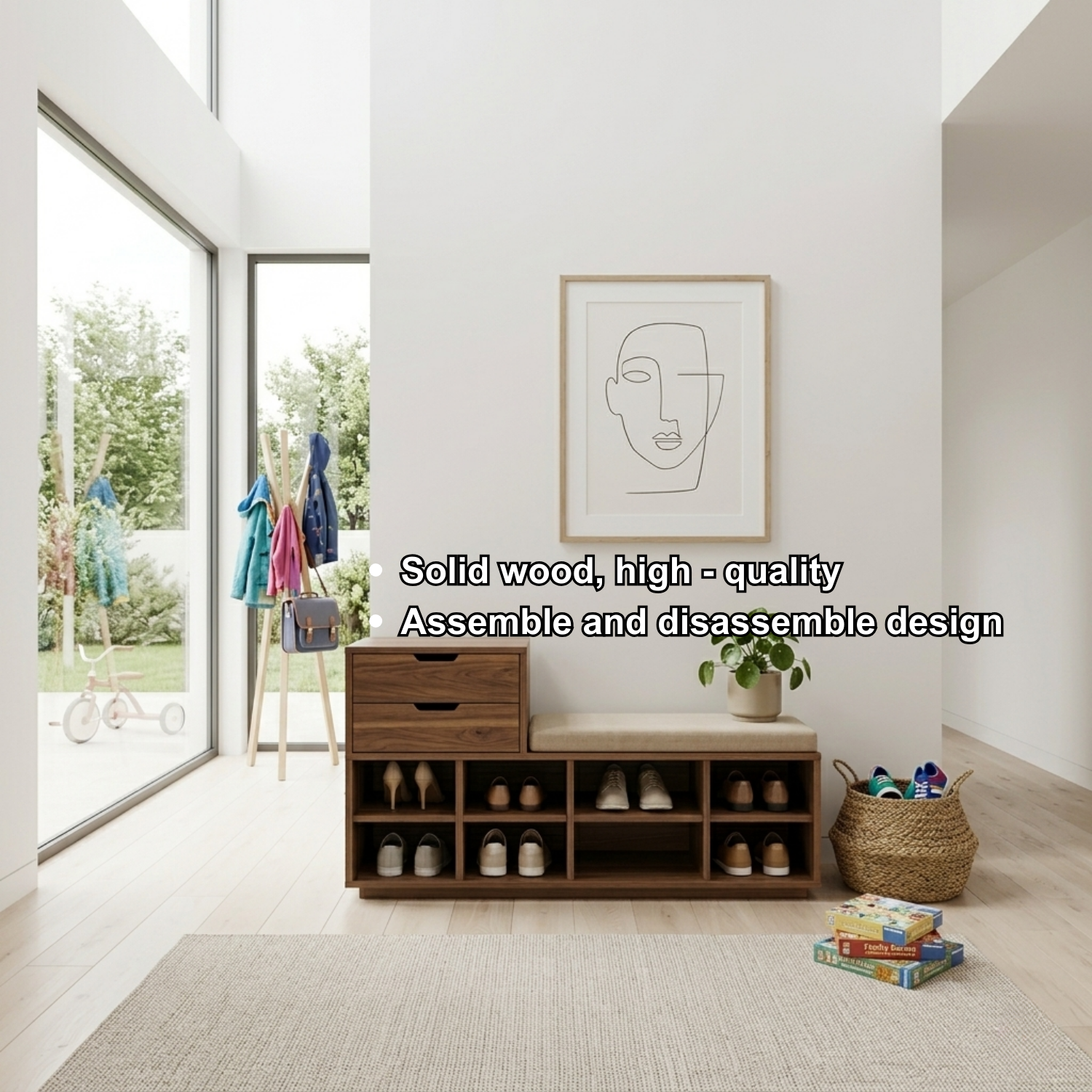 Solid Wood Shoe Storage Bench with Drawers & Cubby Shelves – Entryway Shoe Bench