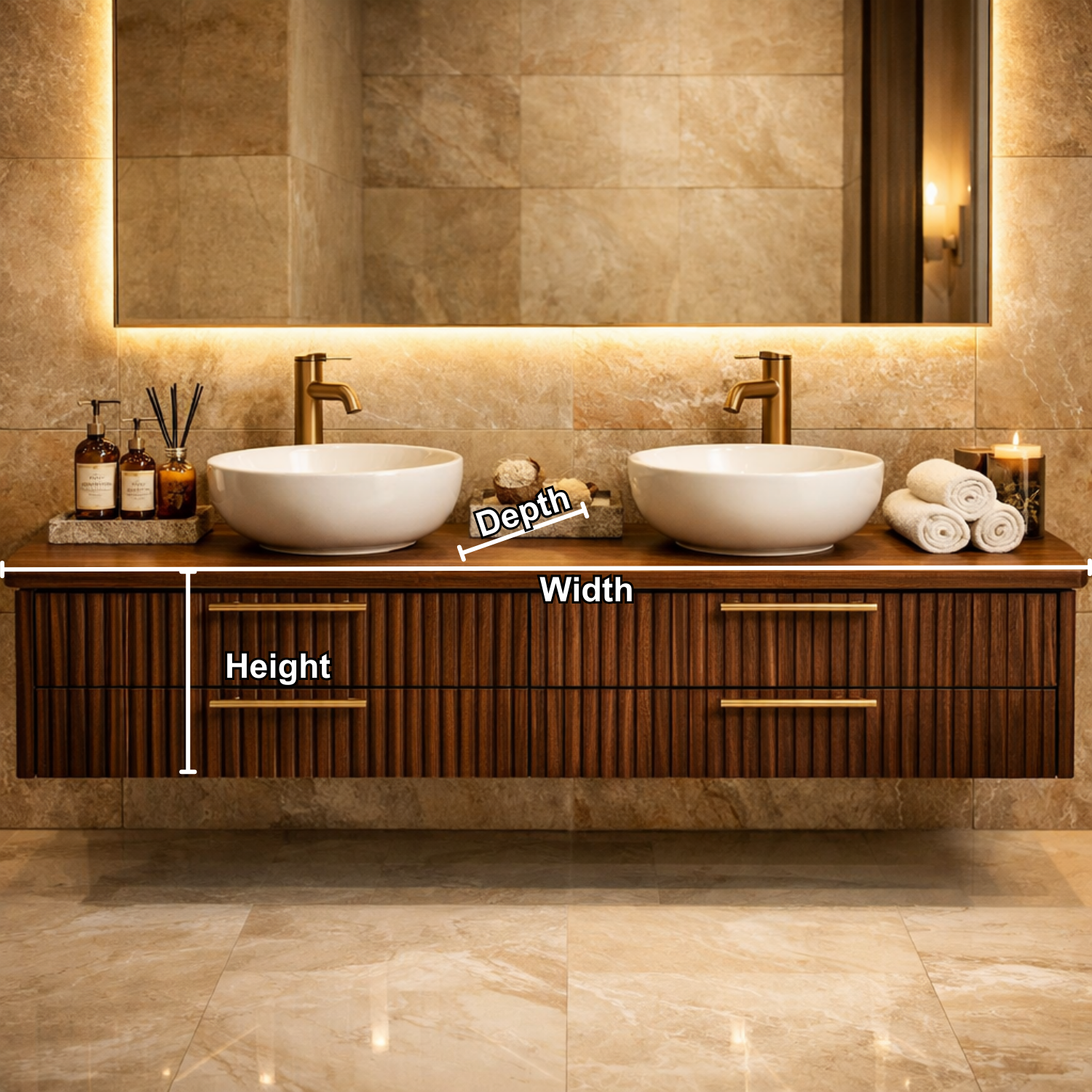 Floating Bathroom Vanity with Fluted Wood Front and Four Drawer Storage Design