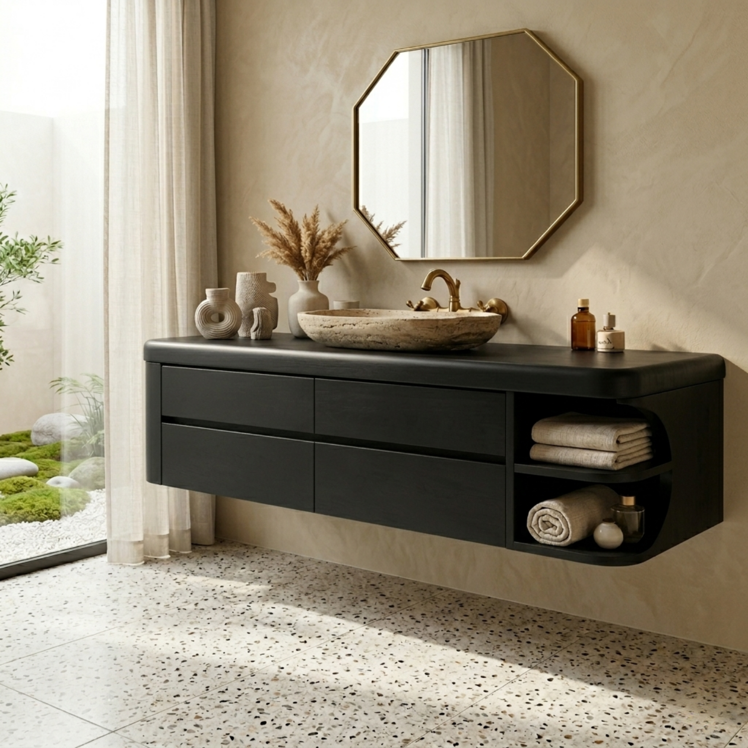 Floating Solid Wood Bathroom Vanity with Four Drawers and Rounded Side Open Shelf