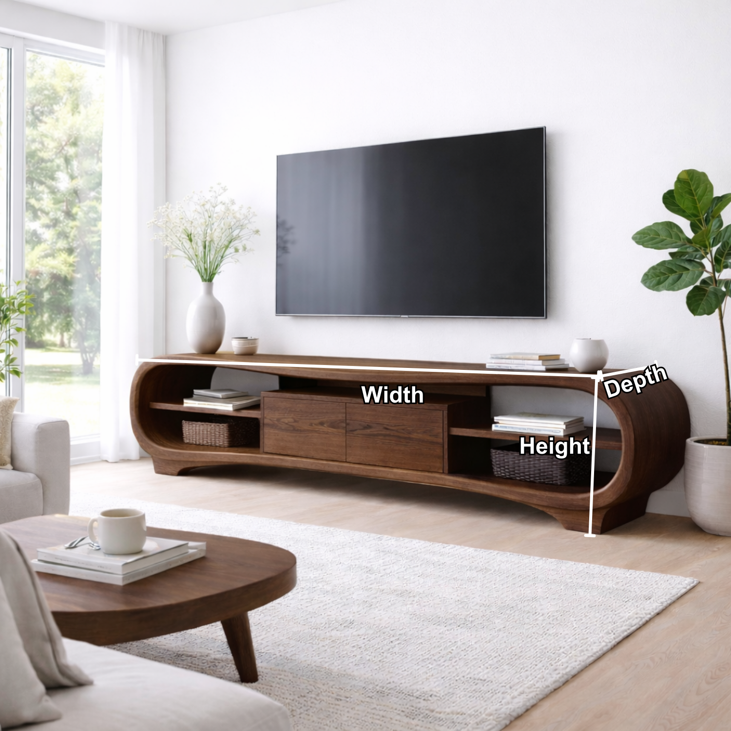 Solid Wood TV Stand with Curved Frame, Open Shelves and Center Drawer Cabinet