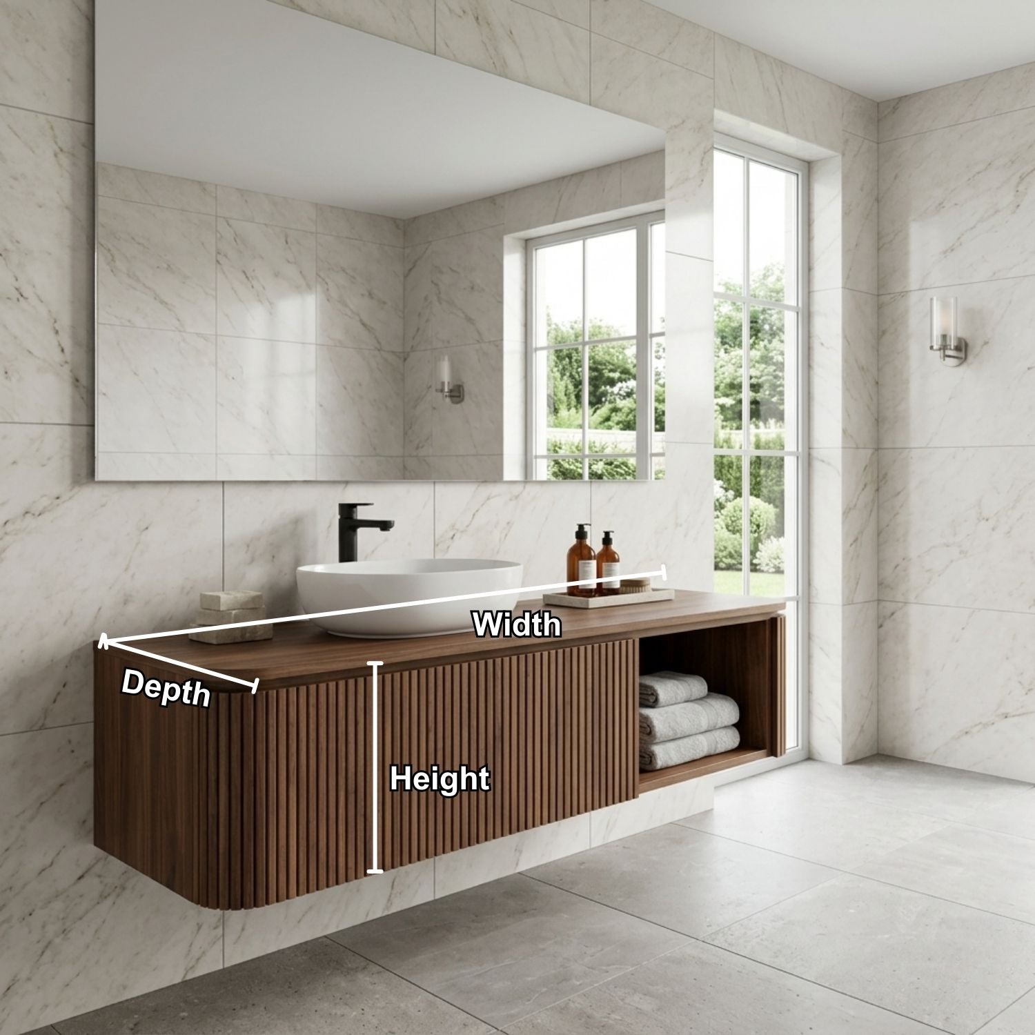 Floating Bathroom Vanity with Fluted Wood Front and Open Shelf Storage