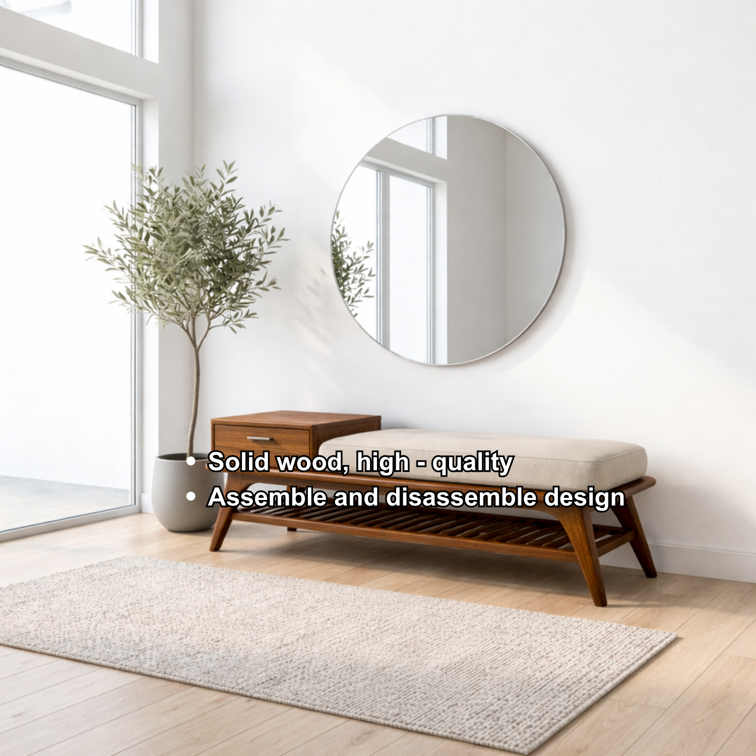 Mid-Century Solid Wood Shoe Storage Bench with Drawer and Open Shelf