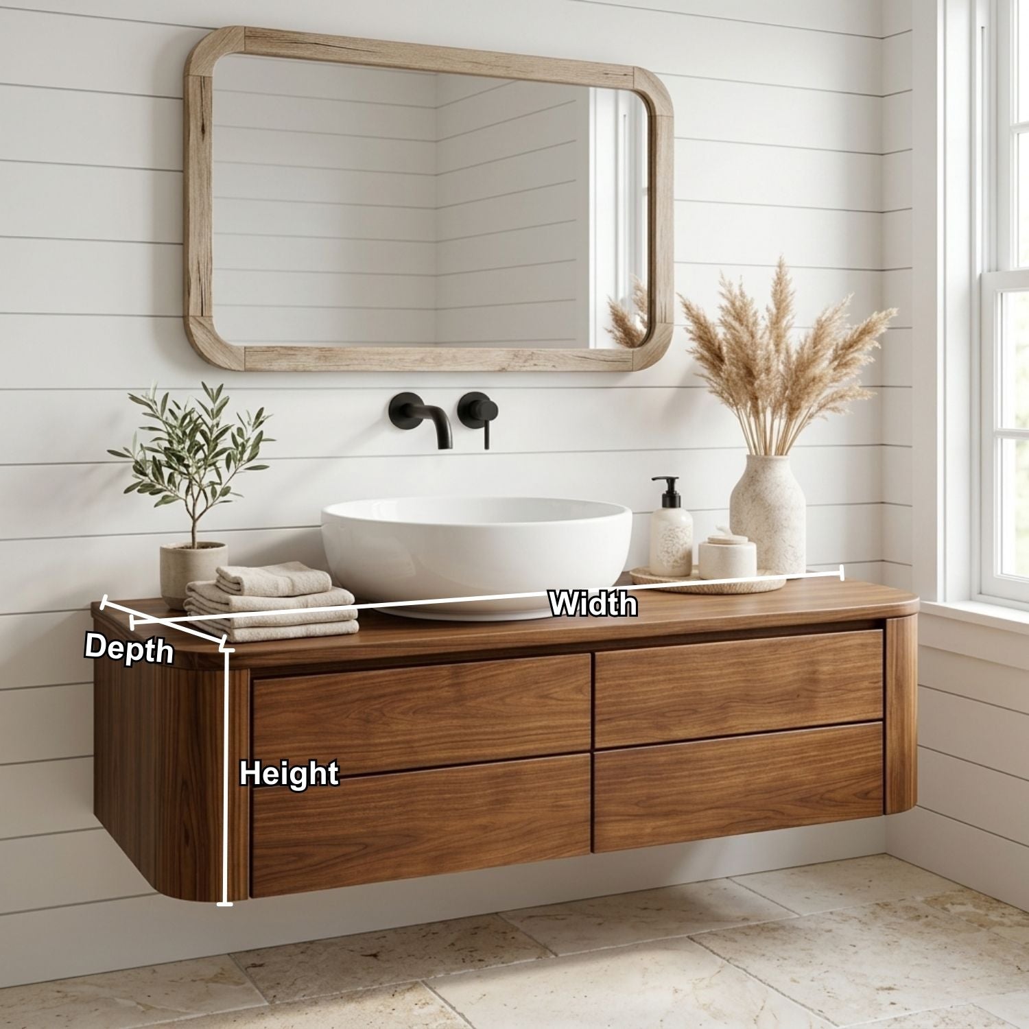 Floating Bathroom Vanity with Rounded Edges and Four Drawer Storage Cabinet