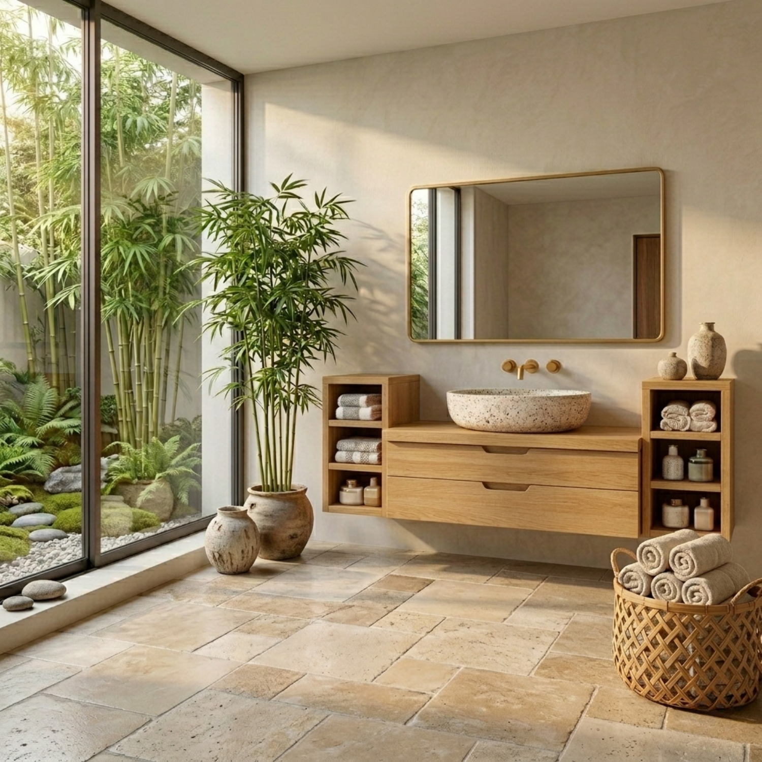 Floating Solid Wood Bathroom Vanity with Double Drawers and Open Side Shelves on Both Sides