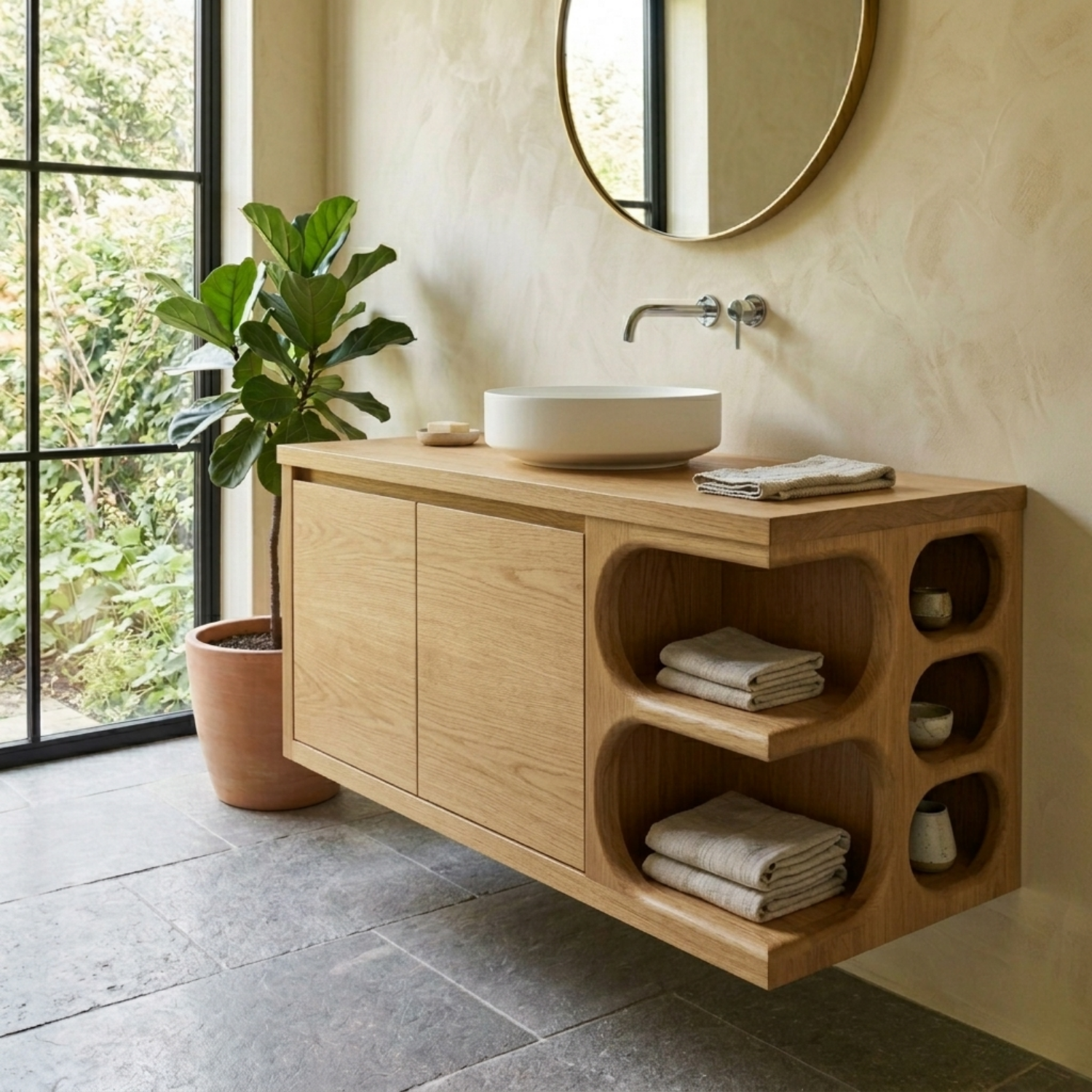 Floating Solid Wood Bathroom Vanity with Cabinet Doors and Sculpted Side Storage