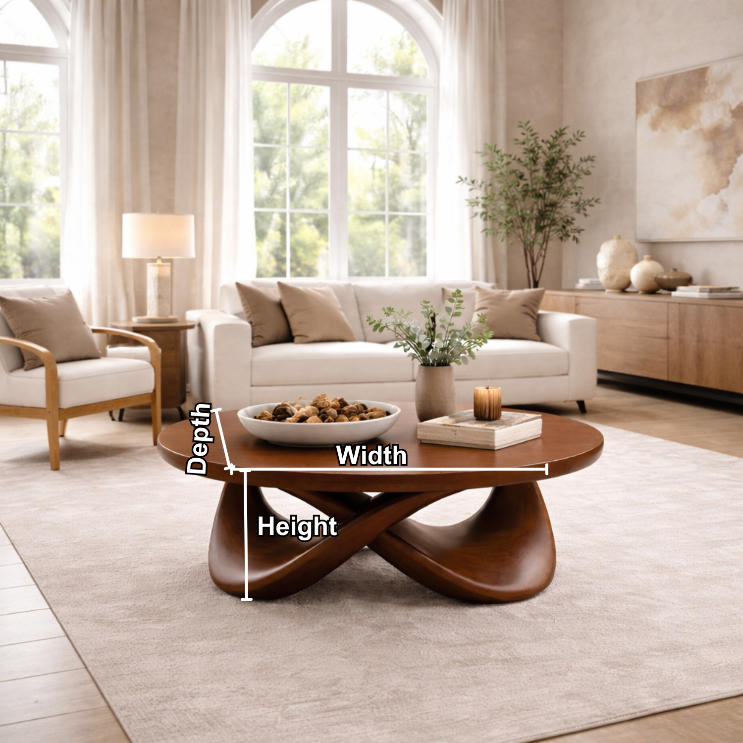 Round Solid Wood Coffee Table with Sculptural Base – Modern Designer Living Room Table