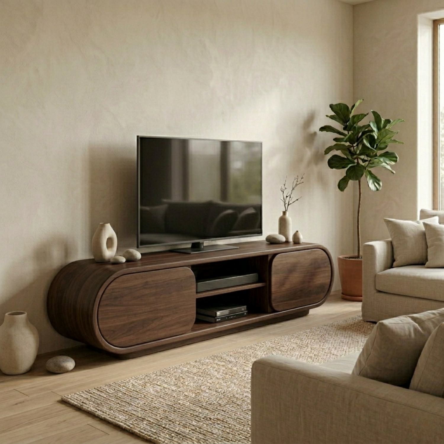 Solid Wood TV Stand with Curved Cabinet Doors and Open Shelf – Modern Media Console