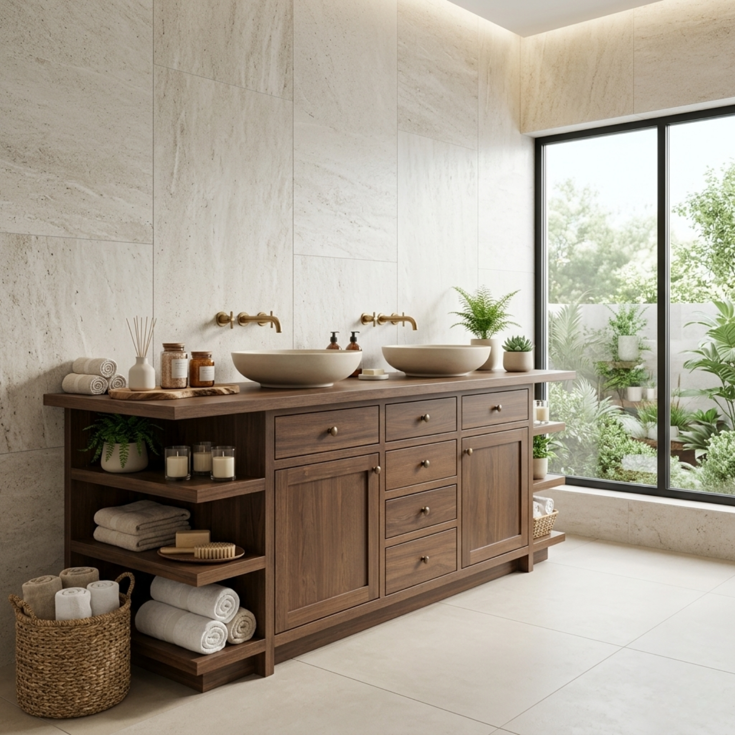 Double Solid Wood Bathroom Vanity - Handcrafted Farmhouse Cabinet with Side Shelves