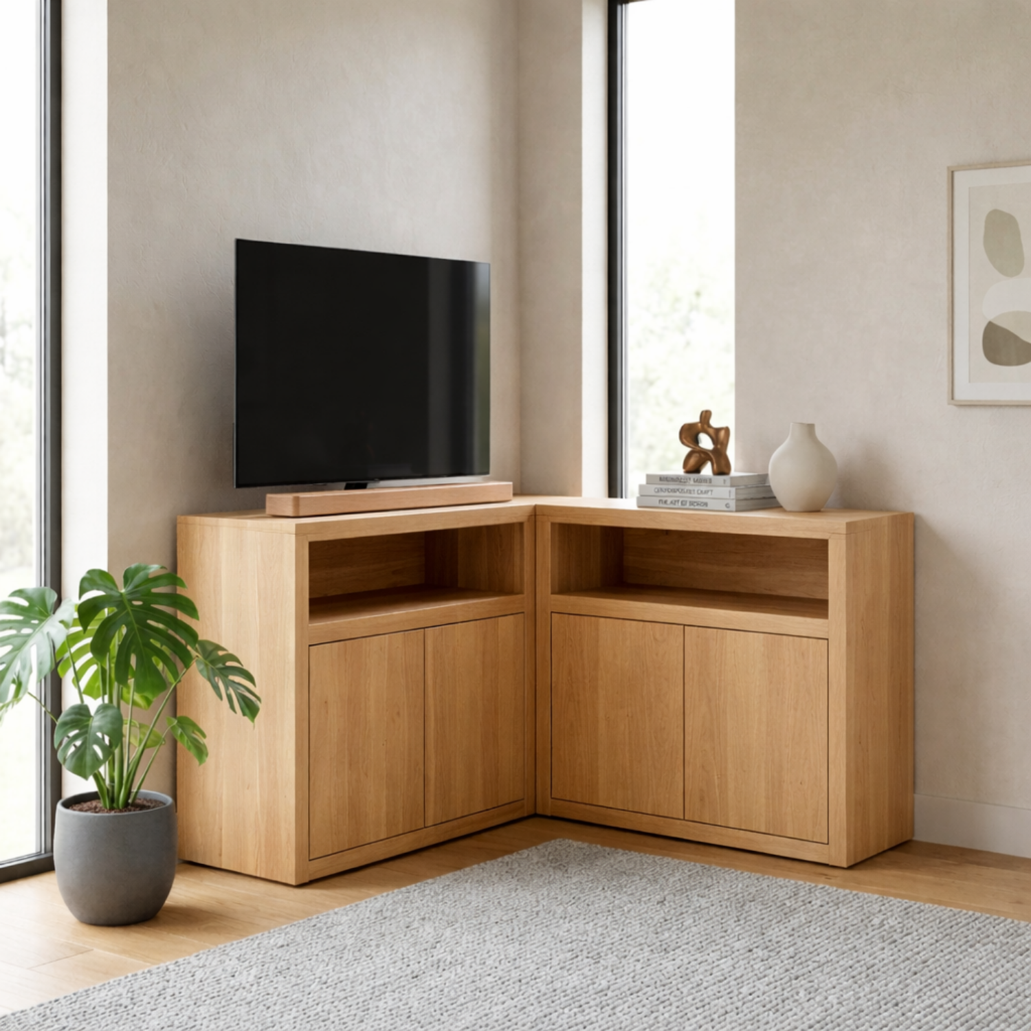 Solid Wood Corner TV Stand with Cabinet Storage and Open Media Shelf
