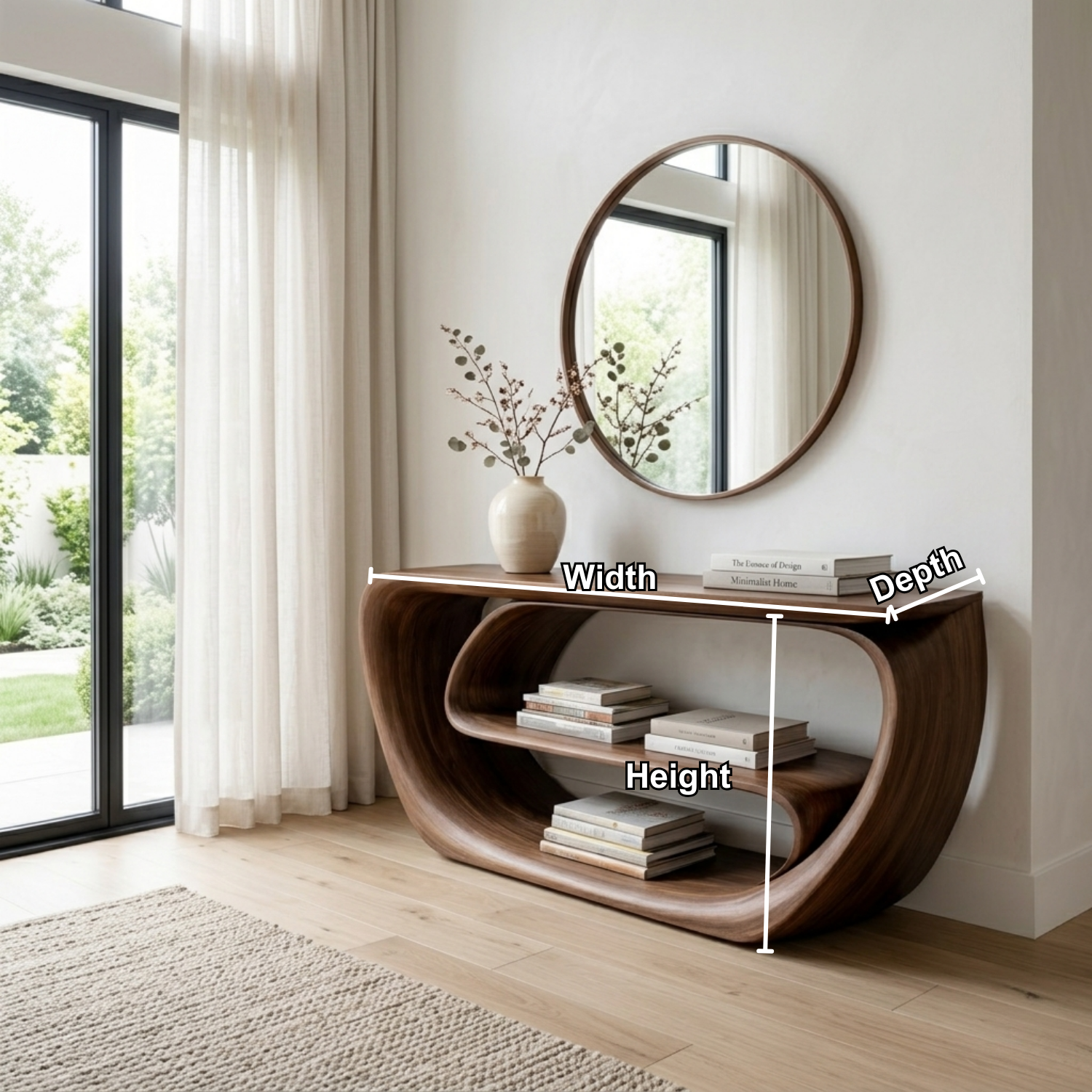 Curved Solid Wood Console Table with Open Shelves – Sculptural Modern Entryway Table