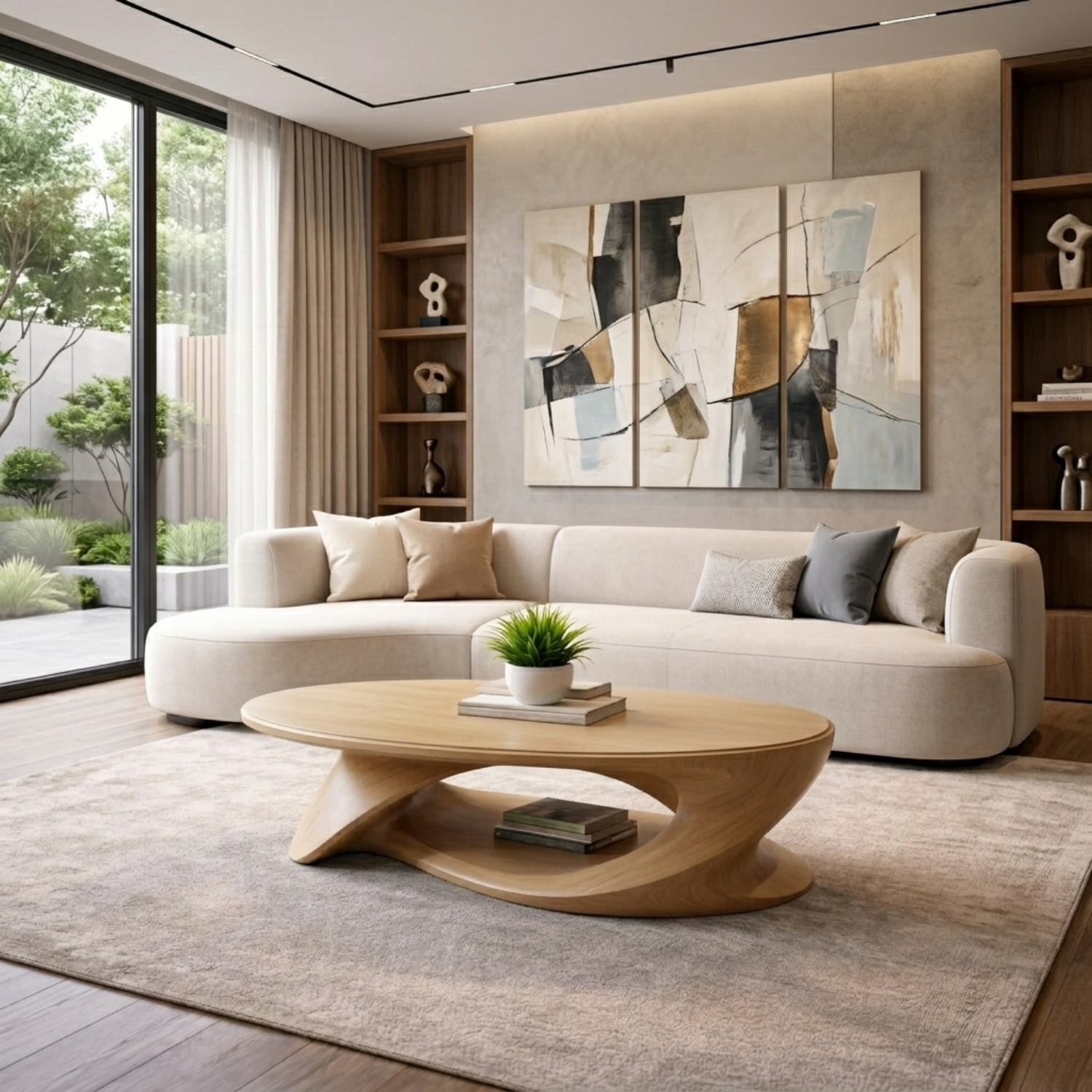 Solid Wood Oval Coffee Table with Sculptural Base – Modern Living Room Center Table