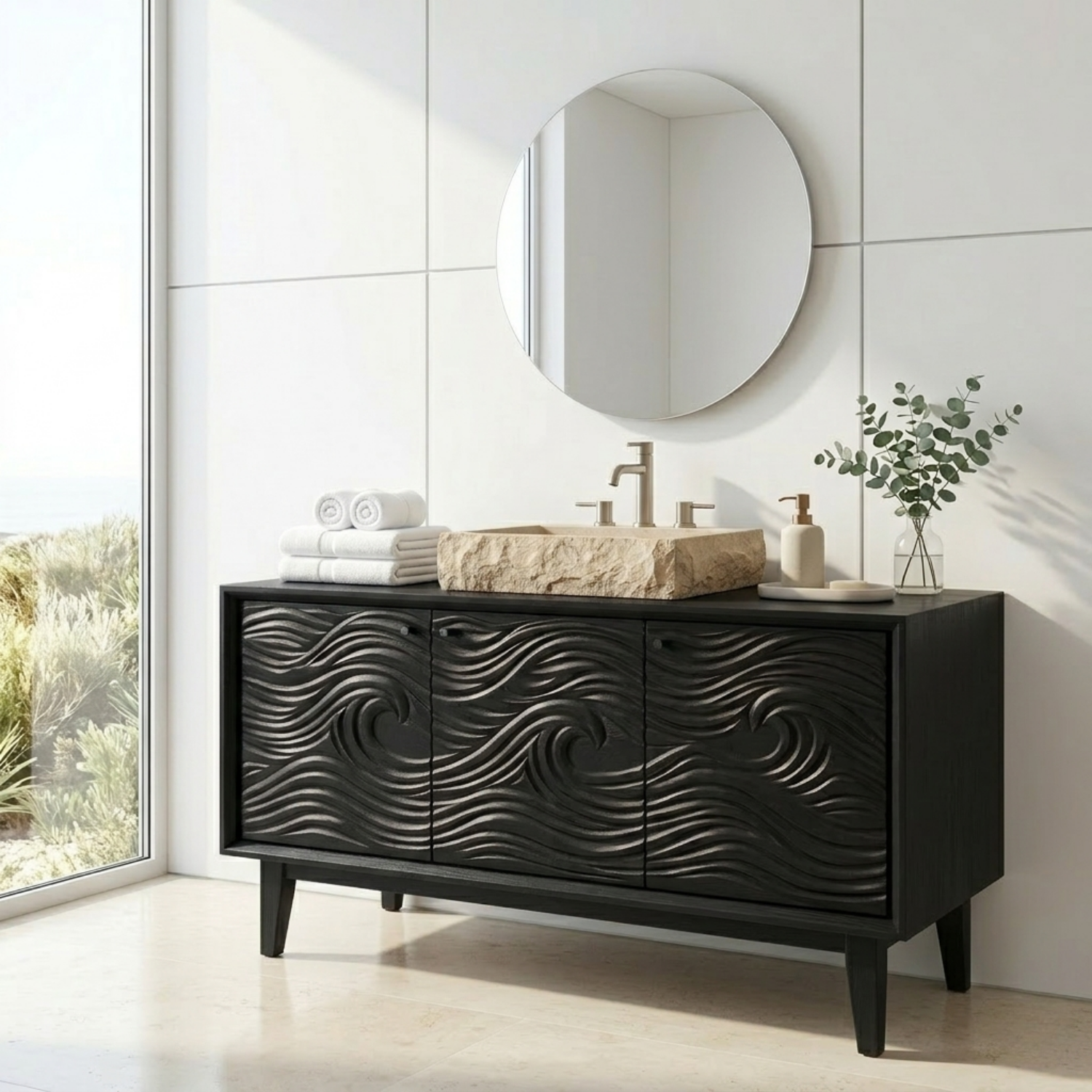 Handcrafted Wave Carved Solid Wood Bathroom Vanity - Modern Organic Credenza Cabinet