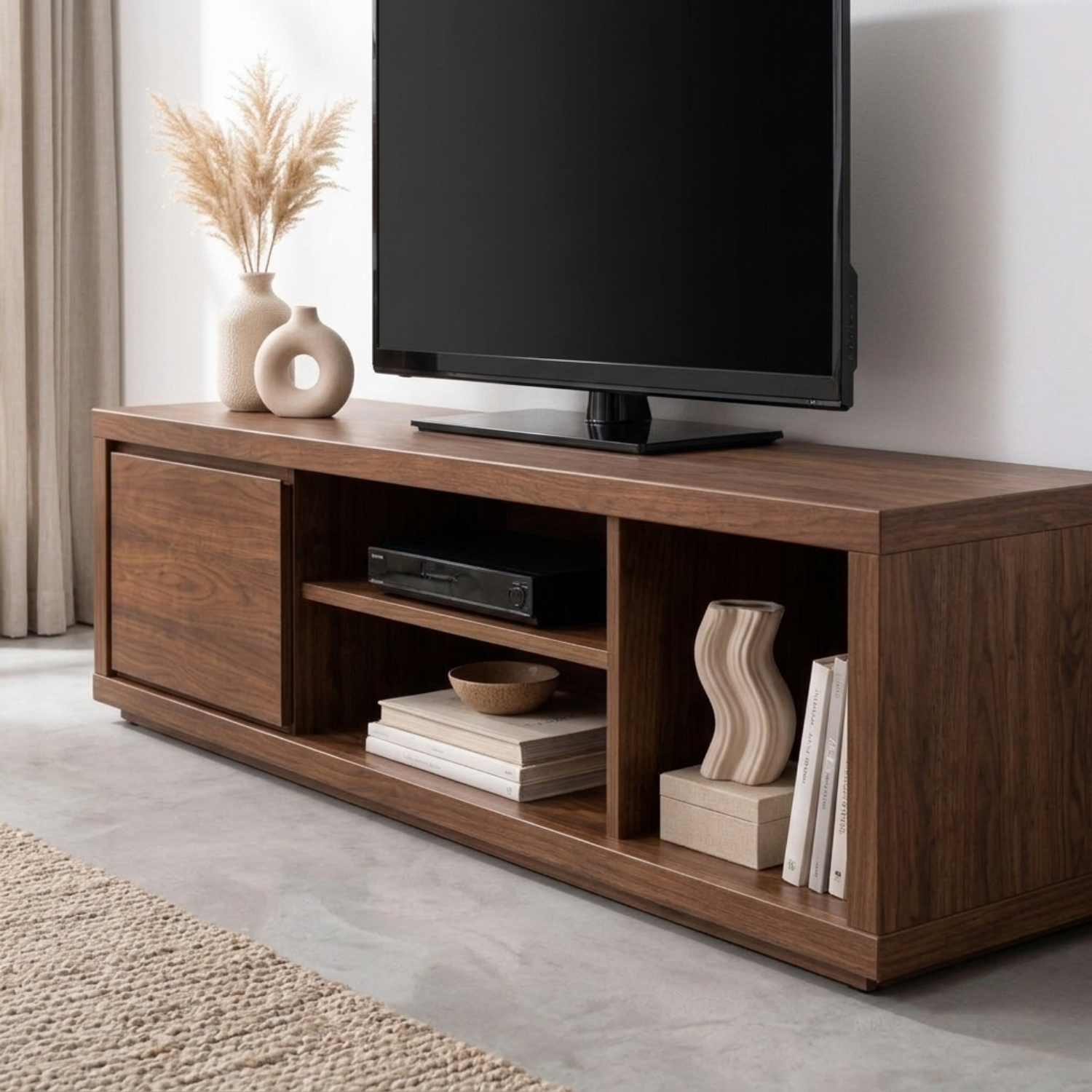 Solid Wood TV Stand with Sliding Door and Open Shelves – Modern Media Console