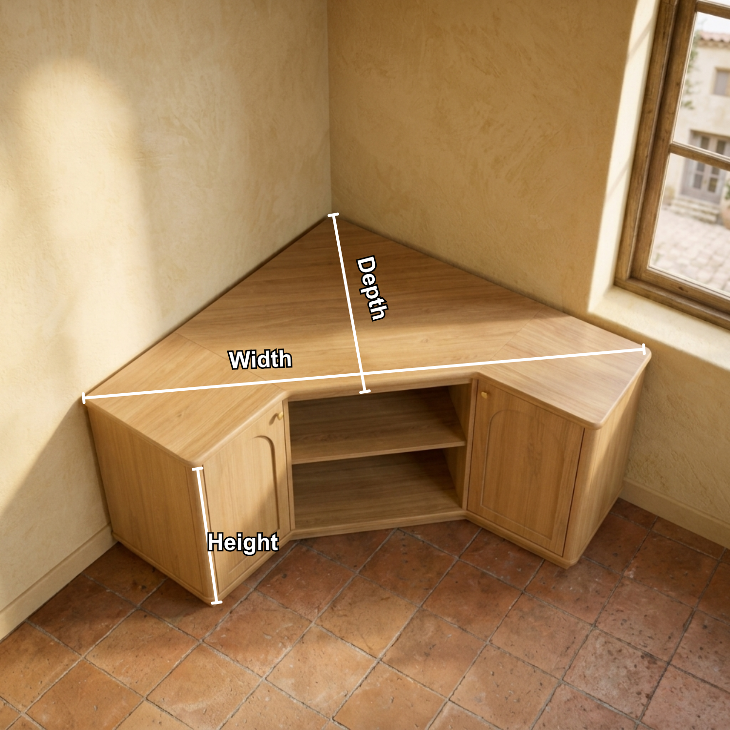 Solid Wood Corner TV Stand with Arched Cabinet Doors and Open Media Shelf