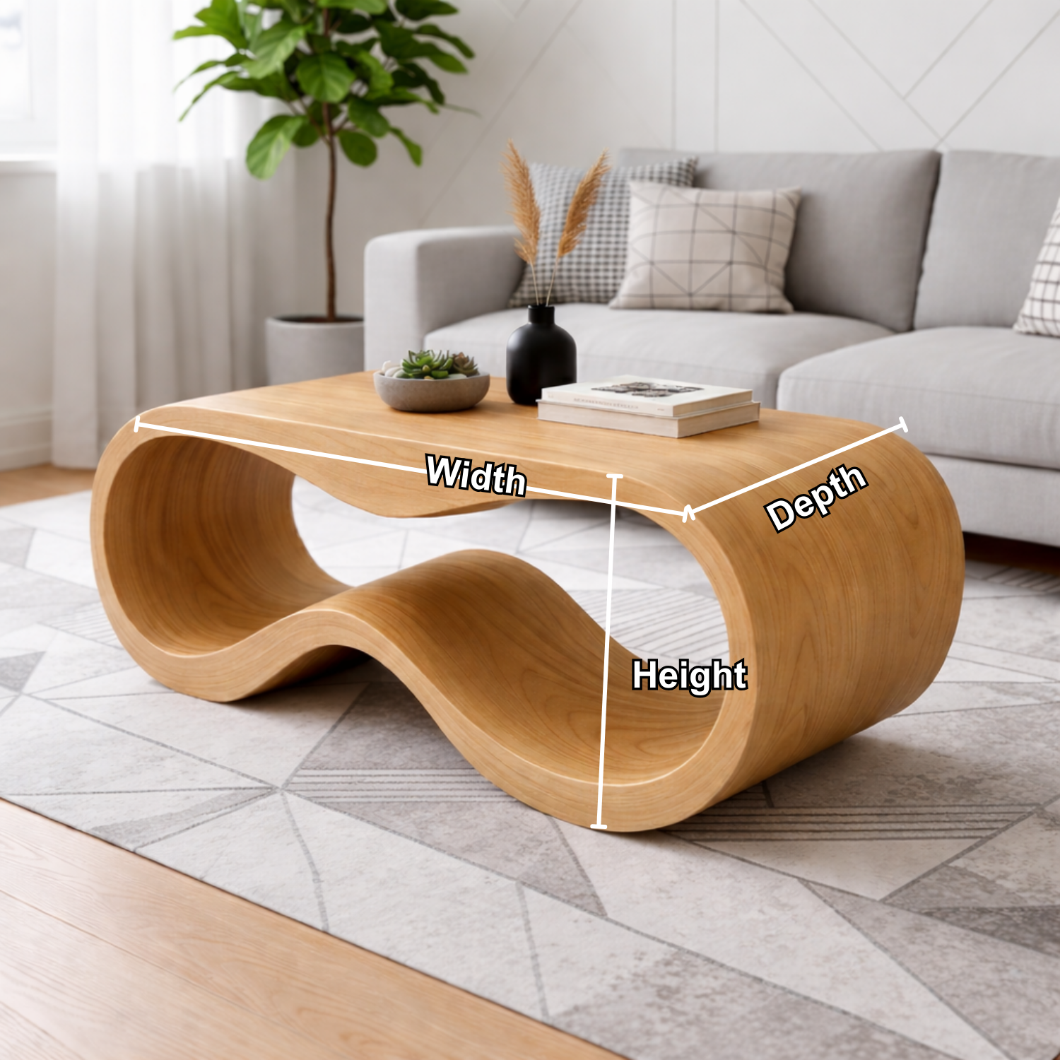 Curved Solid Wood Coffee Table – Modern Sculptural Wave Design Living Room Table