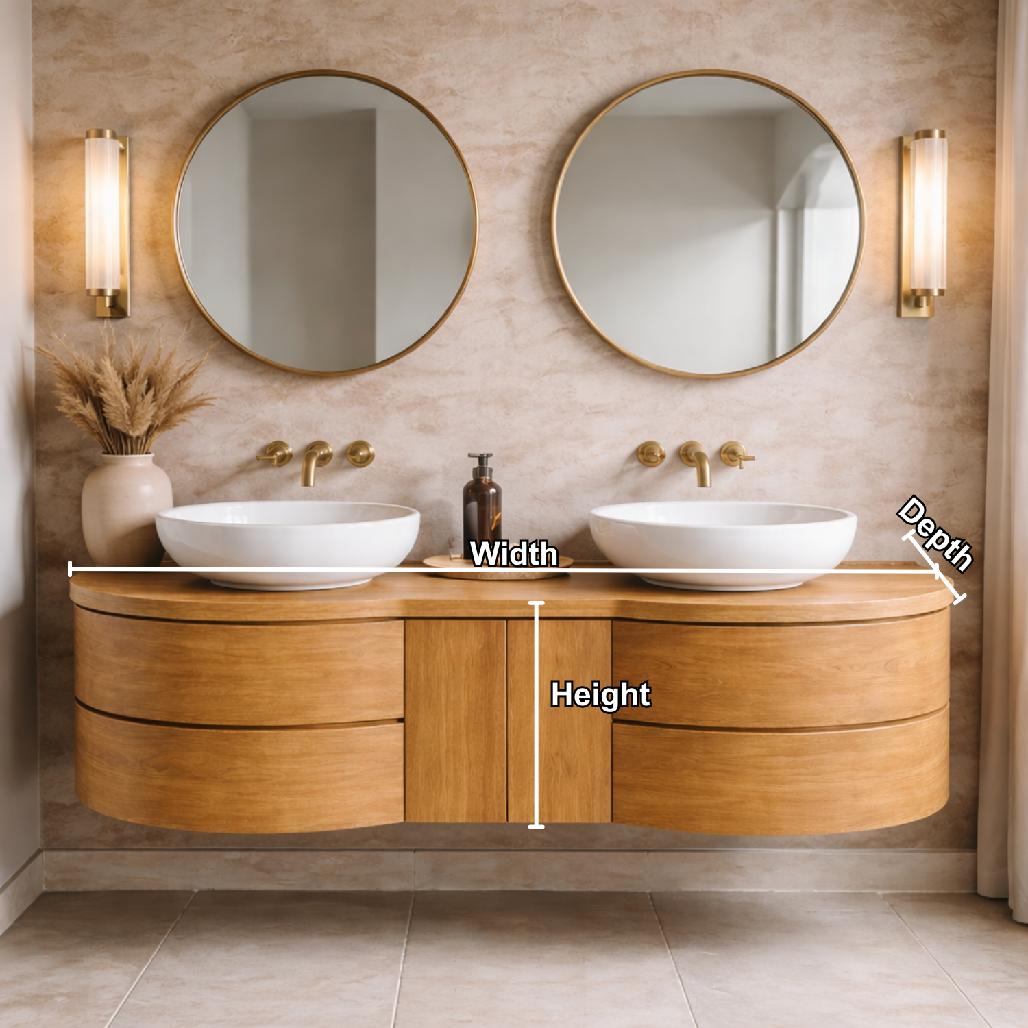 Floating Bathroom Vanity with Curved Ends Double Drawers and Center Cabinet Storage