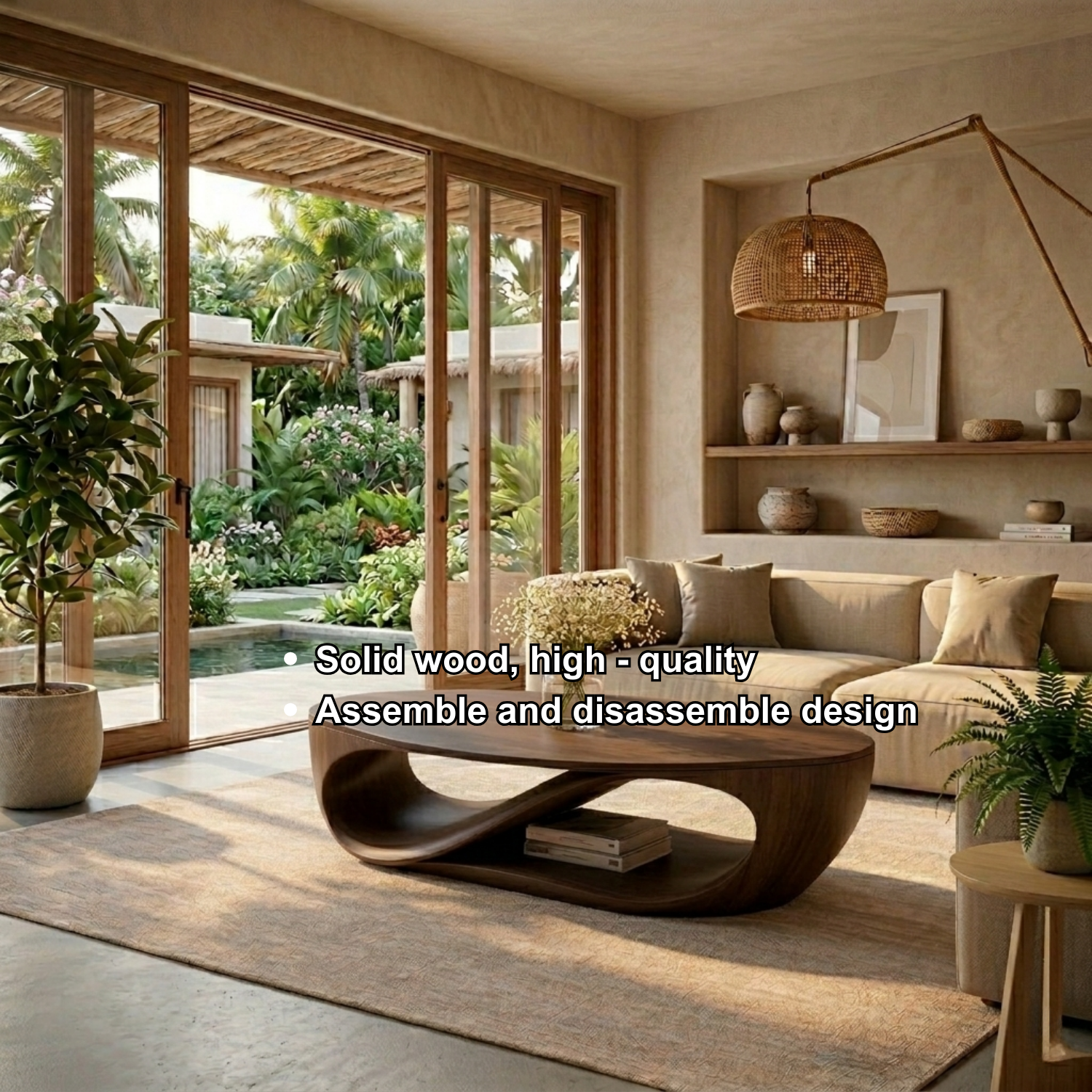 Sculptural Solid Wood Coffee Table with Open Shelf – Modern Organic Living Room Table